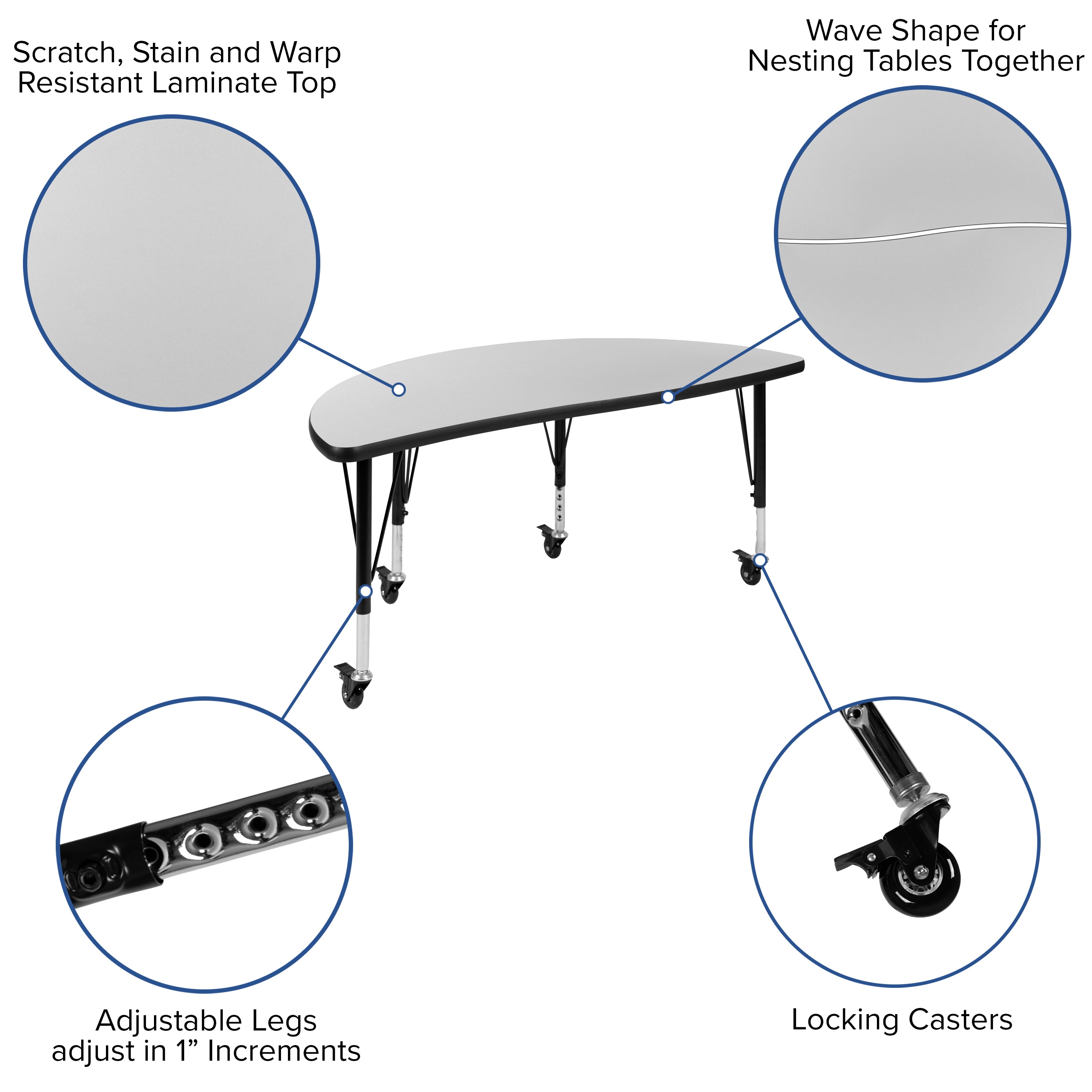 Emmy 2 Piece Mobile 47.5" Circle Wave Flexible Grey Thermal Laminate Kids Adjustable Activity Table Set