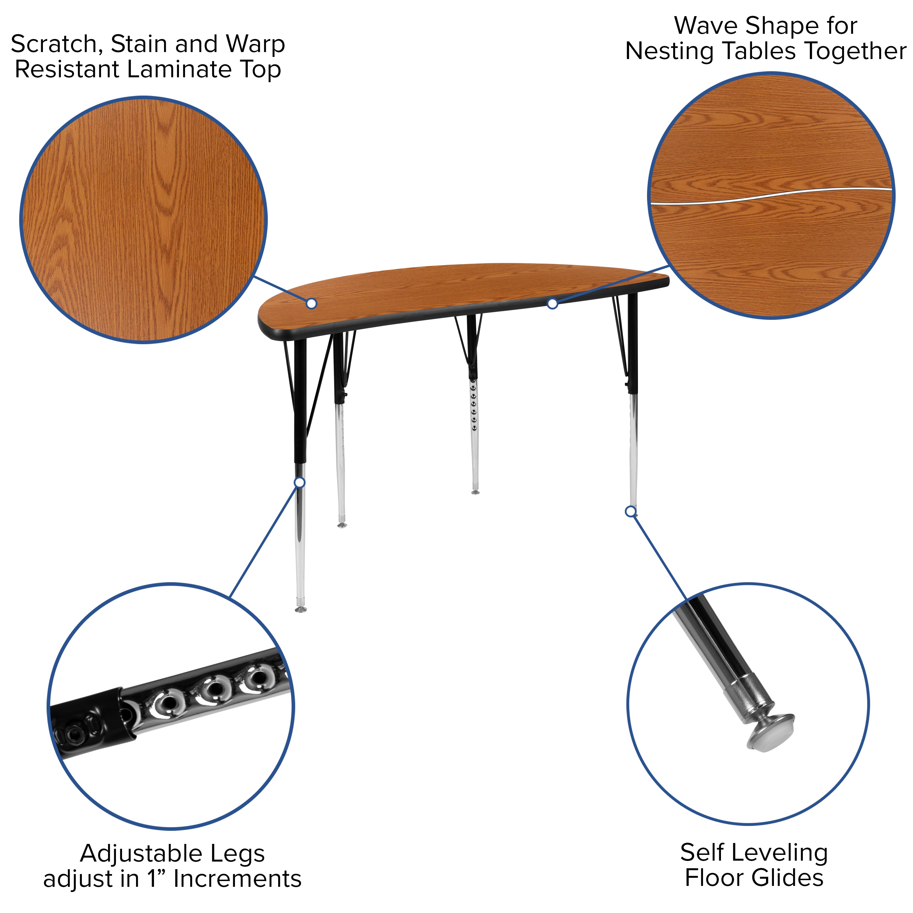 Emmy 2 Piece 47.5" Circle Wave Flexible Oak Thermal Laminate Activity Table Set - Standard Height Adjustable Legs