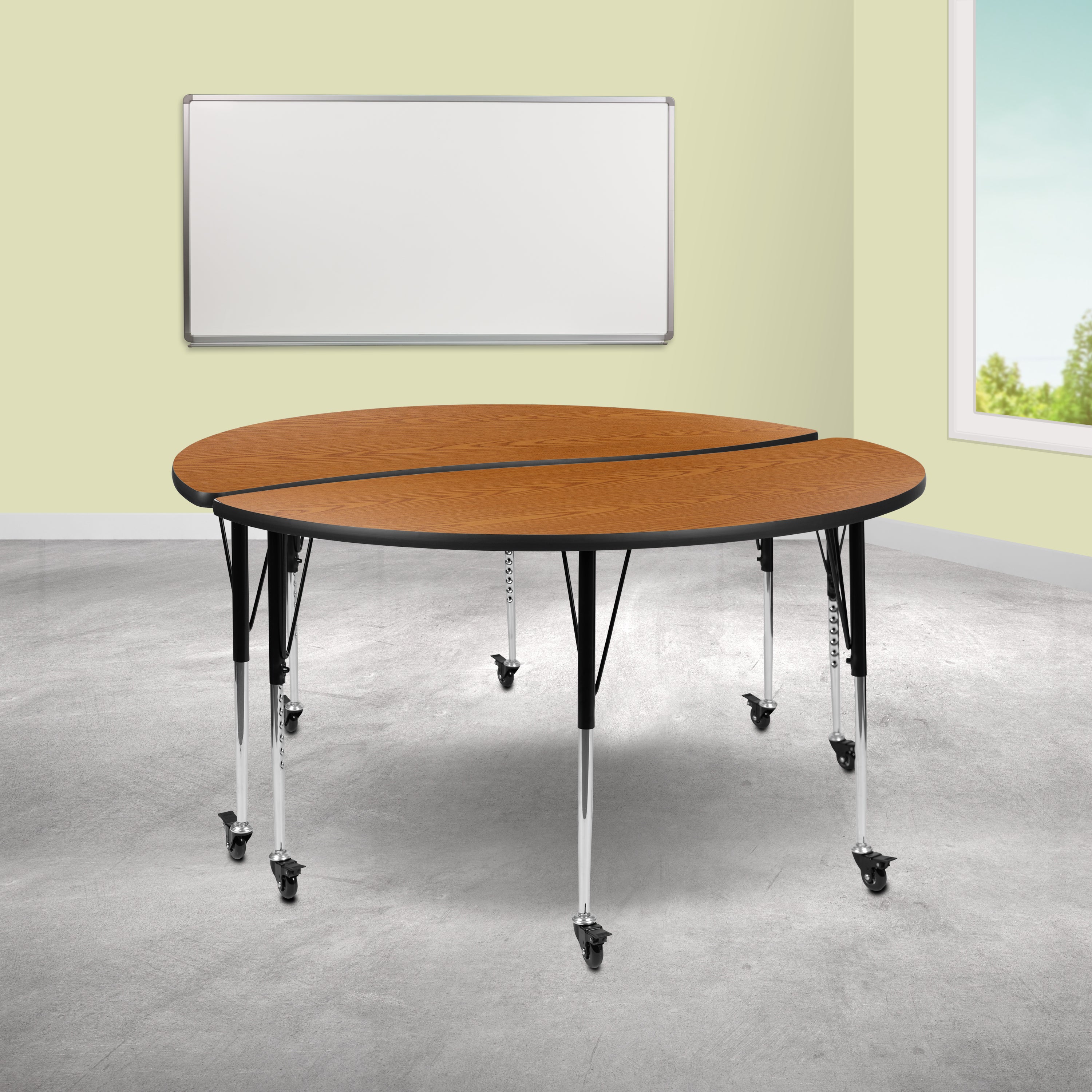 Emmy 2 Piece Mobile Emmy 60" Circle Wave Flexible Oak Thermal Laminate Adjustable Activity Table Set
