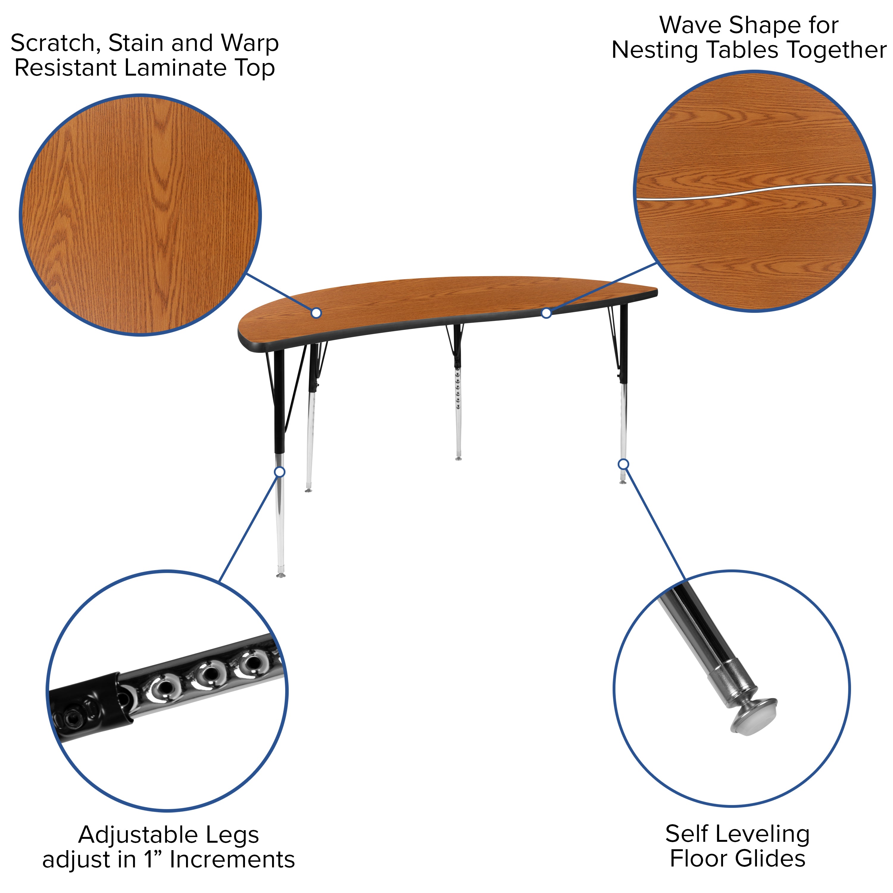 Emmy 2 Piece Emmy 60" Circle Wave Flexible Oak Thermal Laminate Activity Table Set - Standard Height Adjustable Legs