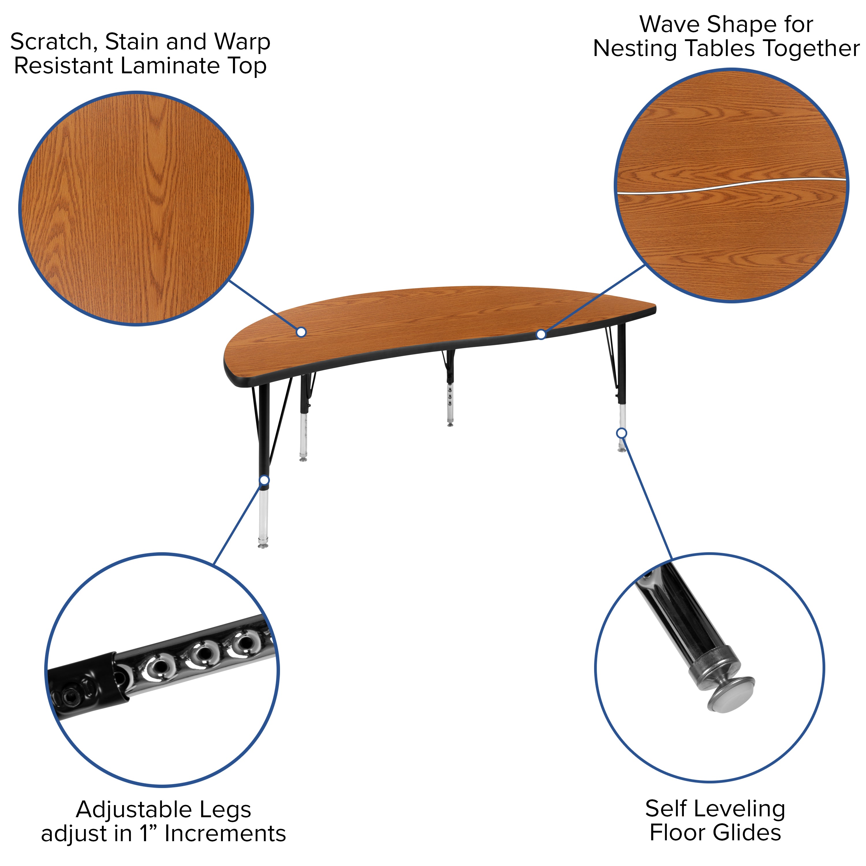 Emmy 2 Piece Emmy 60" Circle Wave Flexible Oak Thermal Laminate Activity Table Set - Height Adjustable Short Legs