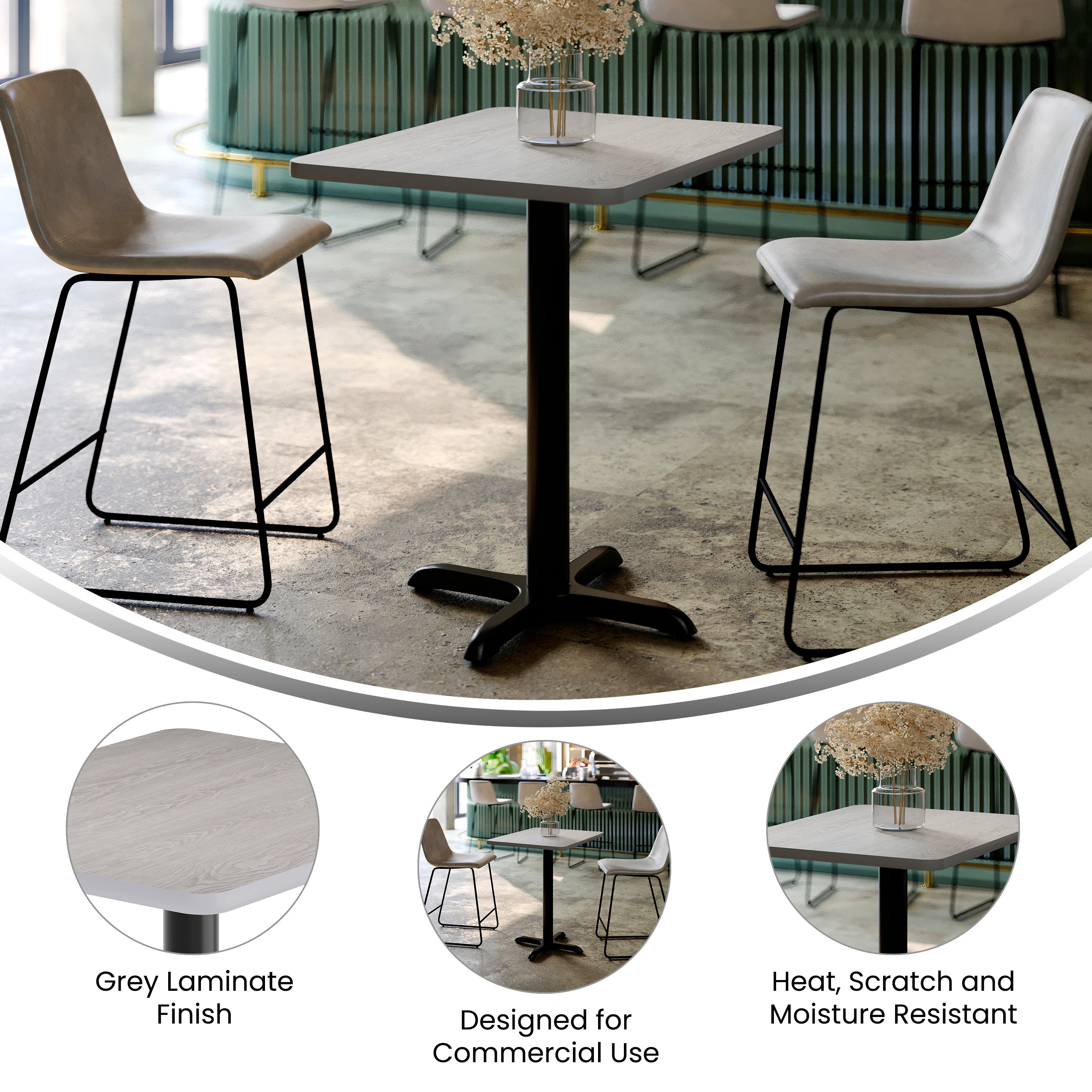 Graniss 24'' x 30'' Gray Rectangular Laminate Table Top with Black 22 x 22 "X" Style Table Height Base