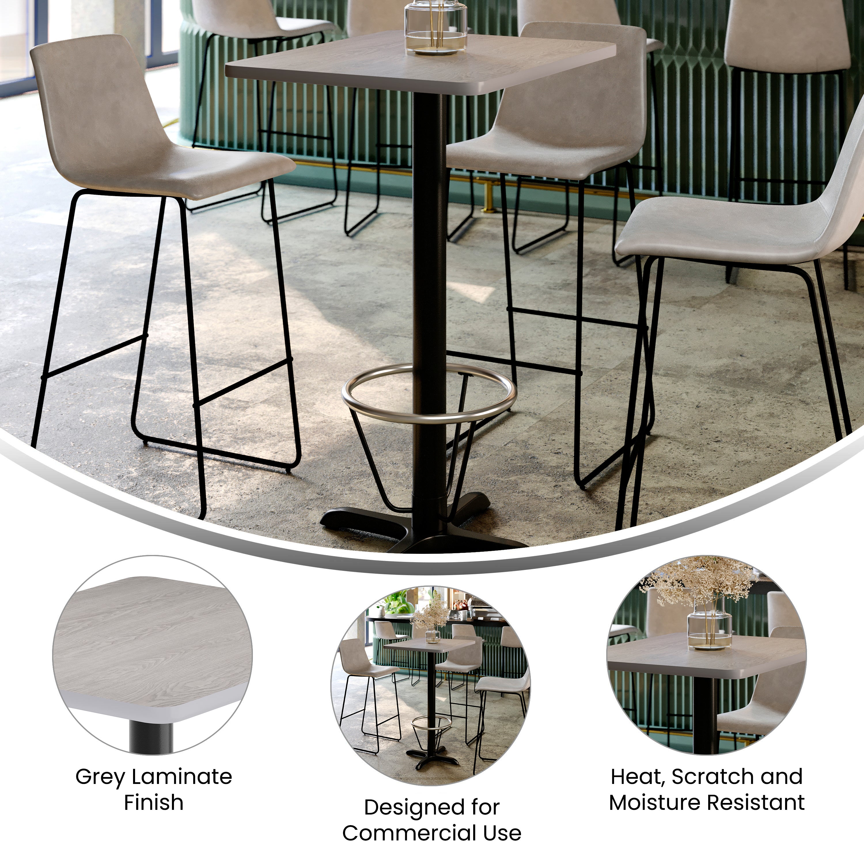 Stiles 24'' x 30'' Gray Rectangular Laminate Table Top with Black 22 x 22 "X" Style Bar Height Base with Footring