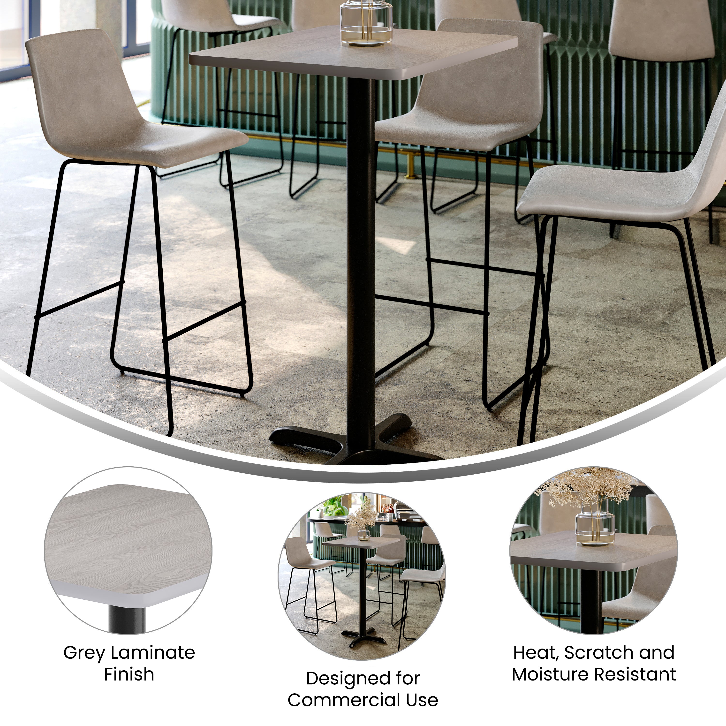 Stiles 24'' x 30'' Gray Rectangular Laminate Table Top with Black 22 x 22 "X" Style Bar Height Base