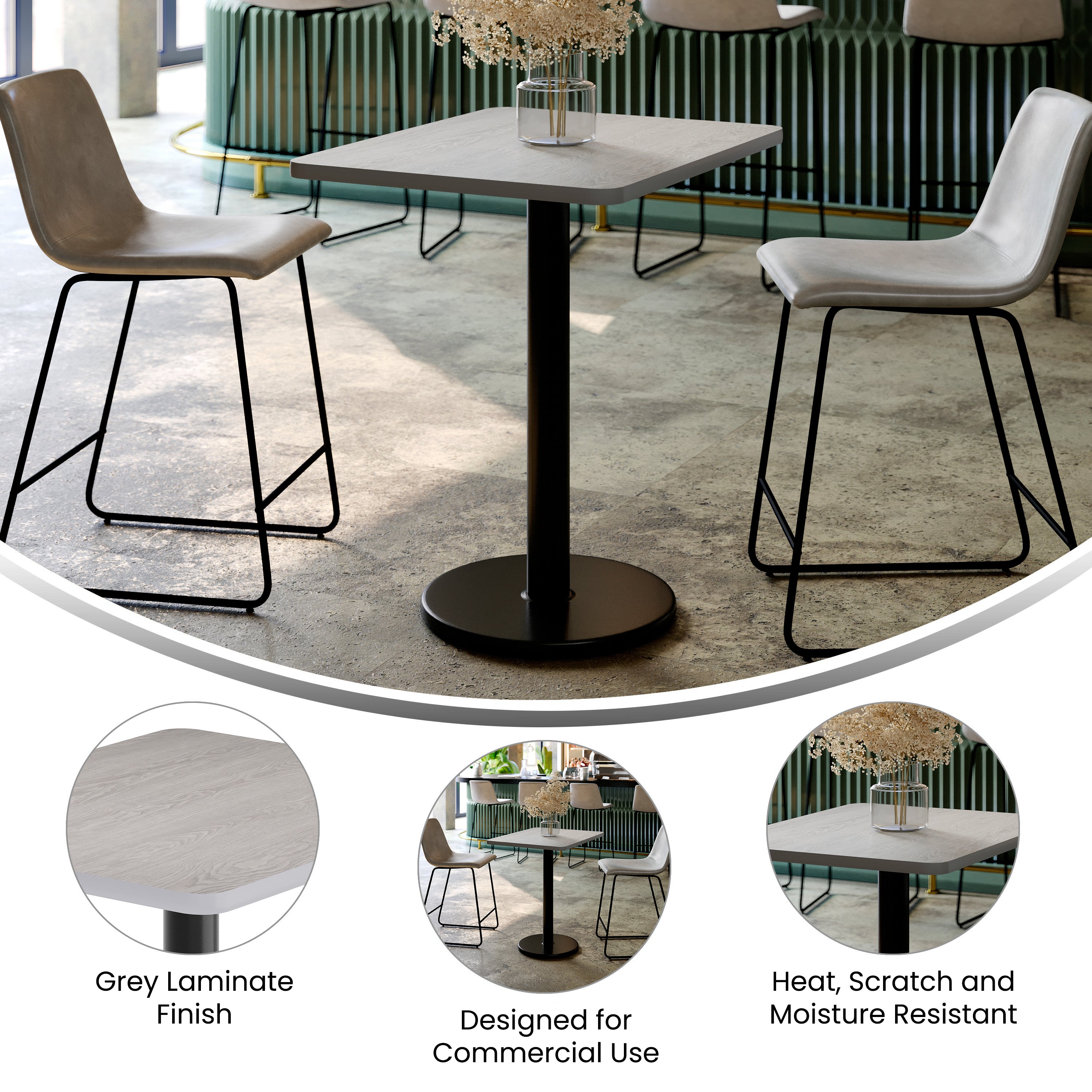 Graniss 24'' x 30'' Gray Rectangular Laminate Table Top with Black 18" Round Table Height Base