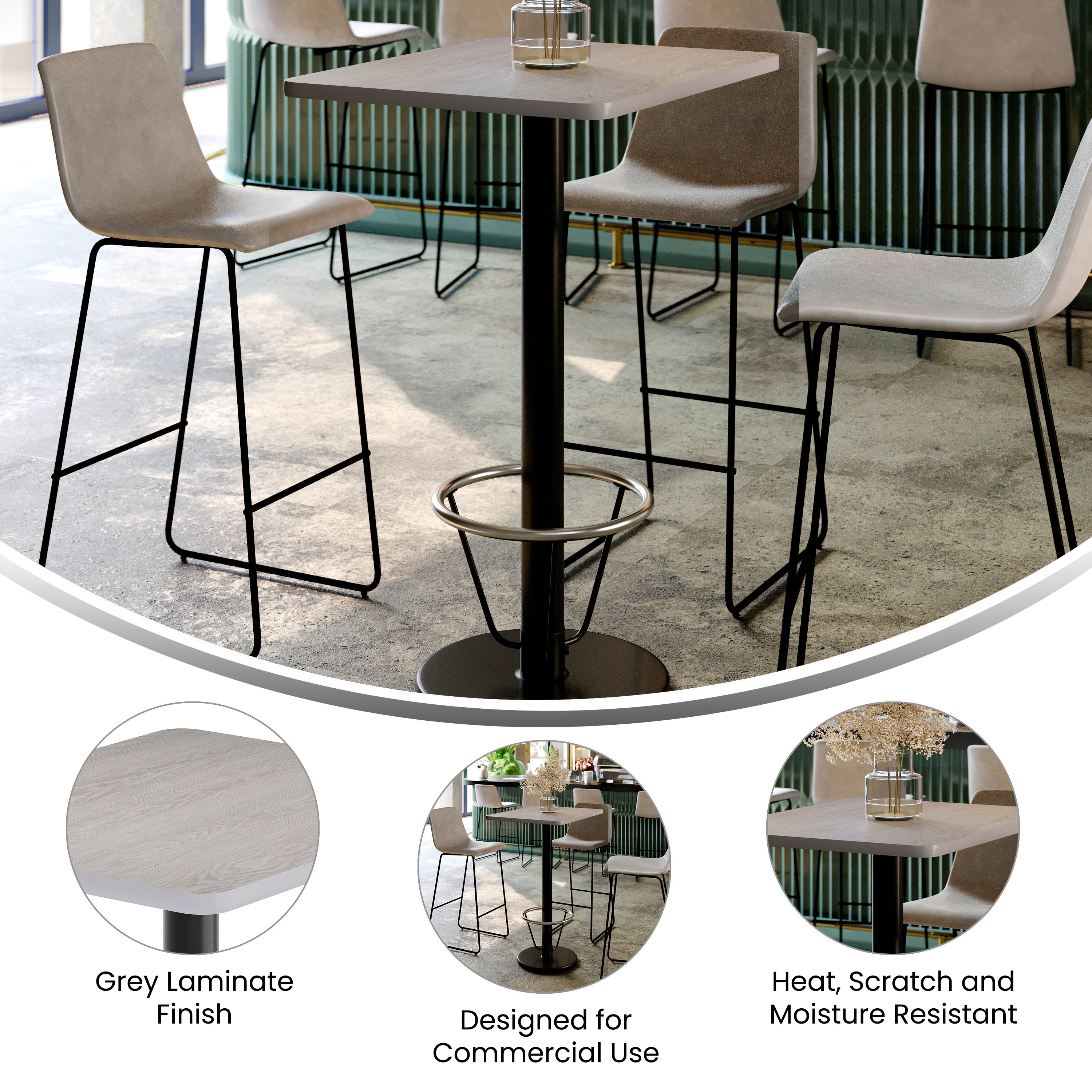 Stiles 24'' x 30'' Gray Rectangular Laminate Table Top with Black 18" Round Bar Height Table Base with Footring