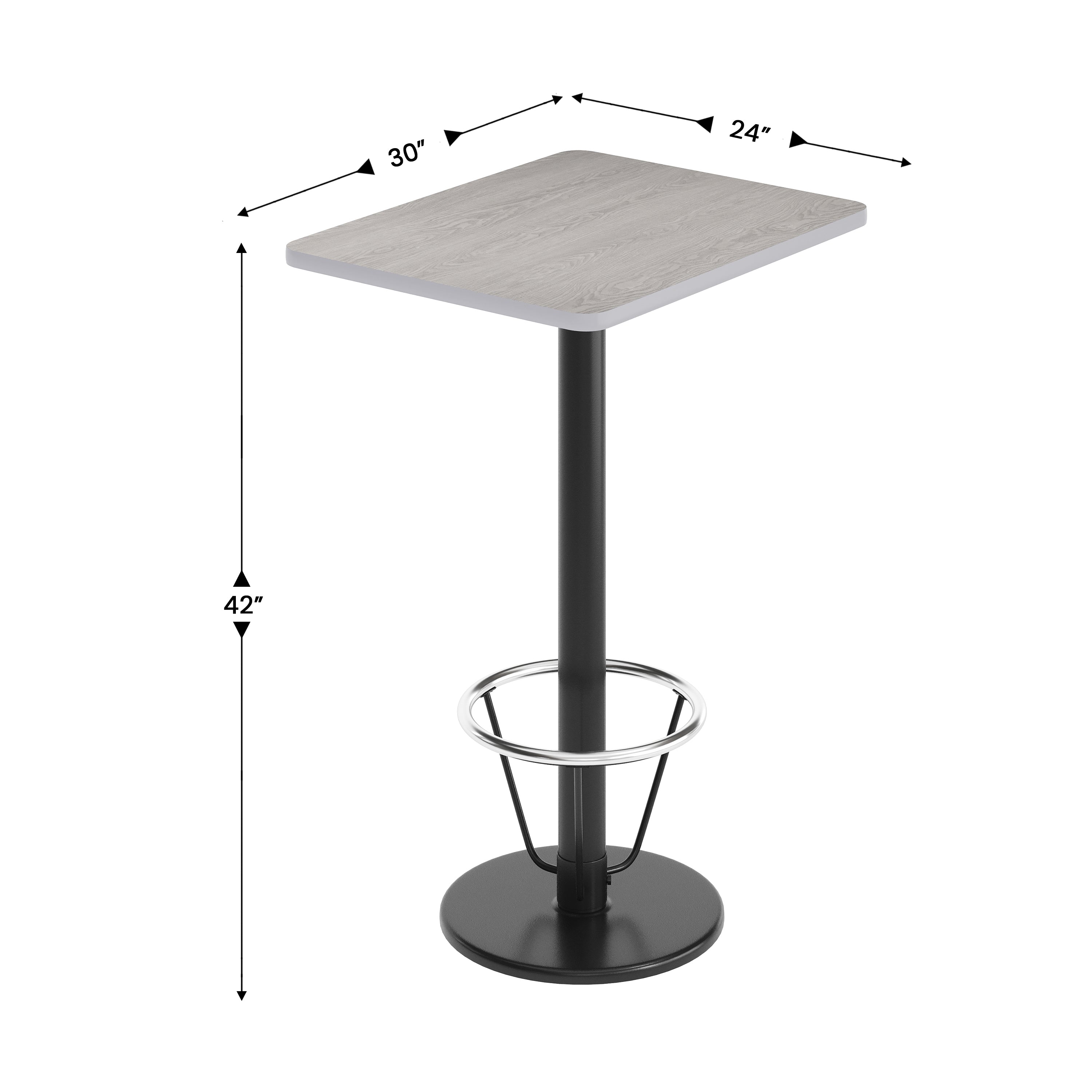 Stiles 24'' x 30'' Gray Rectangular Laminate Table Top with Black 18" Round Bar Height Table Base with Footring