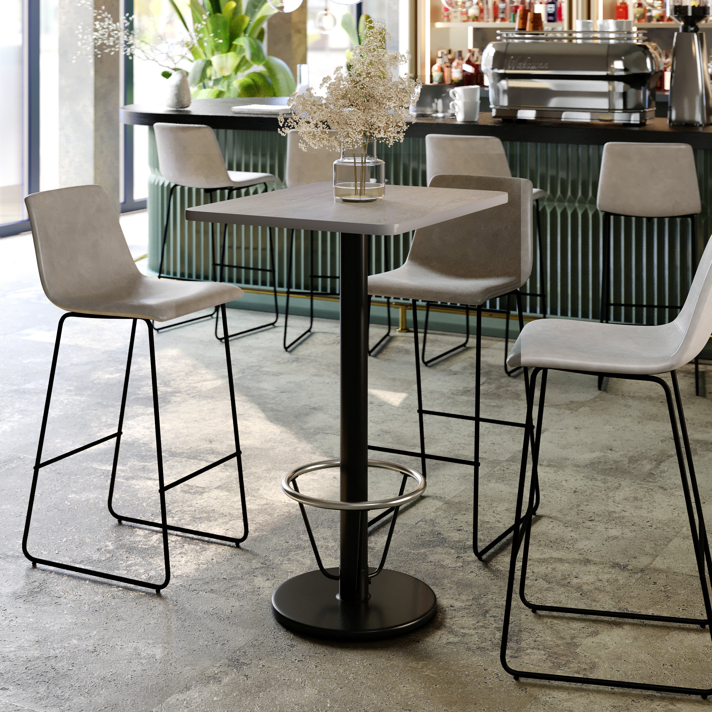 Stiles 24'' x 30'' Gray Rectangular Laminate Table Top with Black 18" Round Bar Height Table Base with Footring