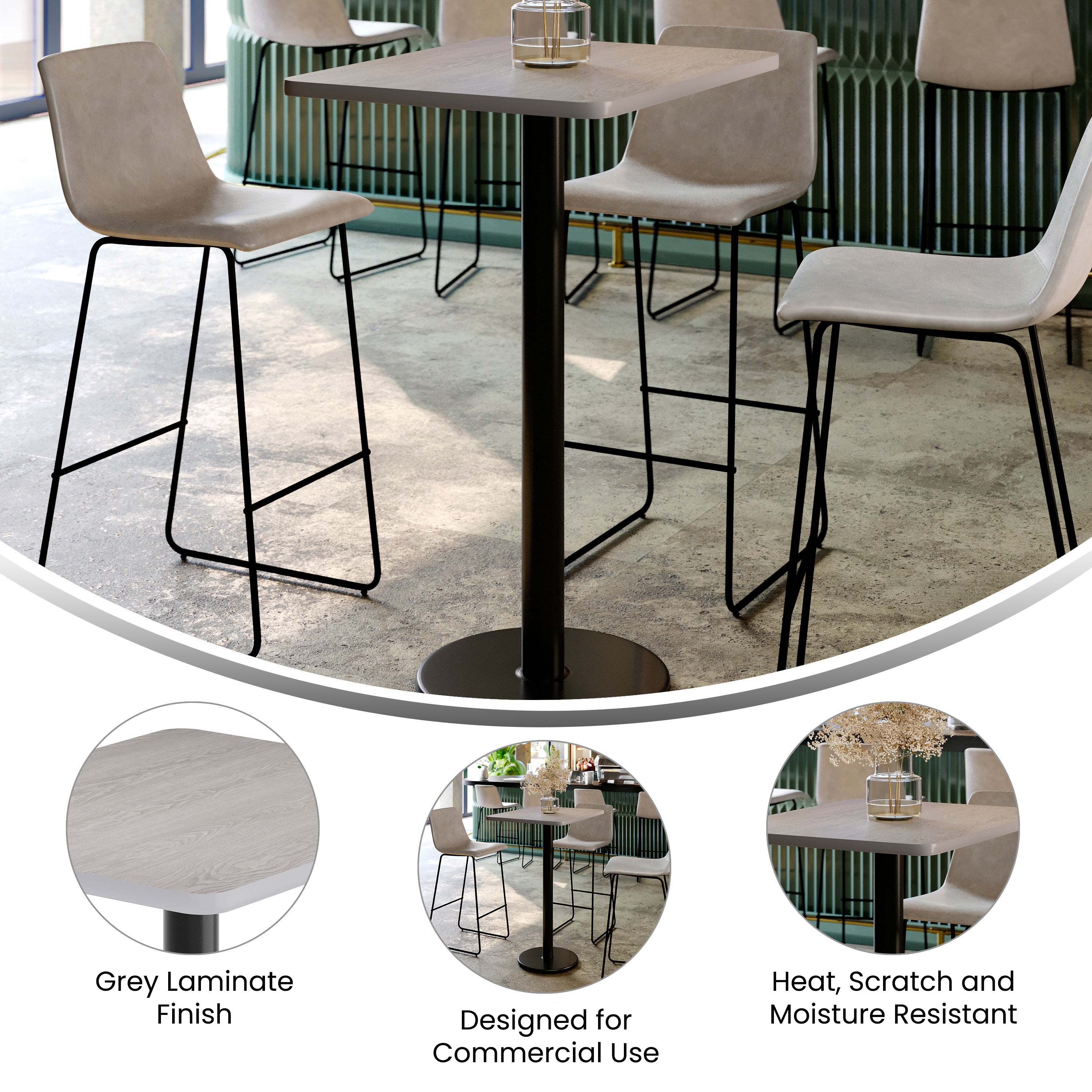 Stiles 24'' x 30'' Gray Rectangular Laminate Table Top with Black 18" Round Bar Height Table Base