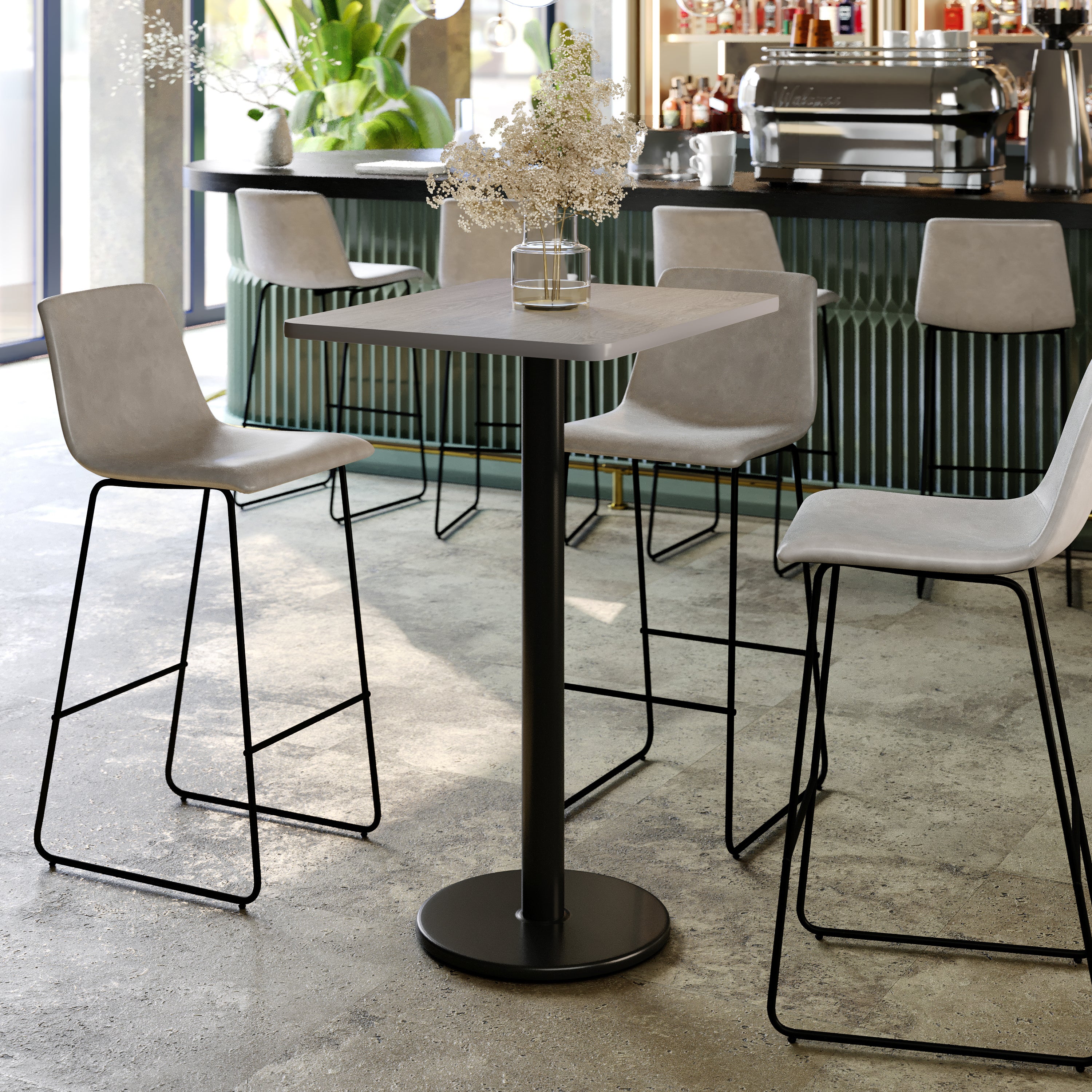 Stiles 24'' x 30'' Gray Rectangular Laminate Table Top with Black 18" Round Bar Height Table Base