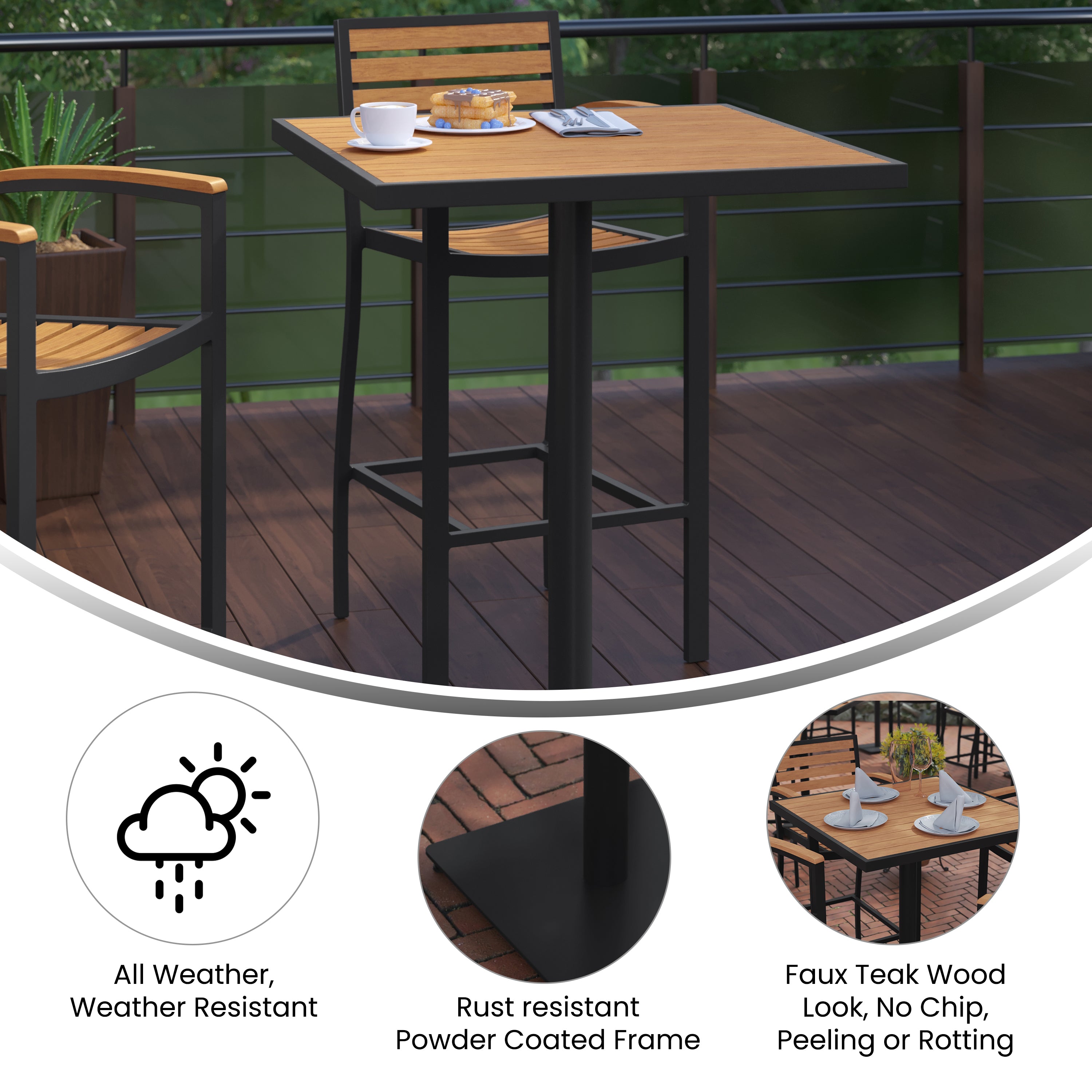 Lark Commercial Grade 32" Square Outdoor Bar Height Table with Faux Teak Poly Resin Slats