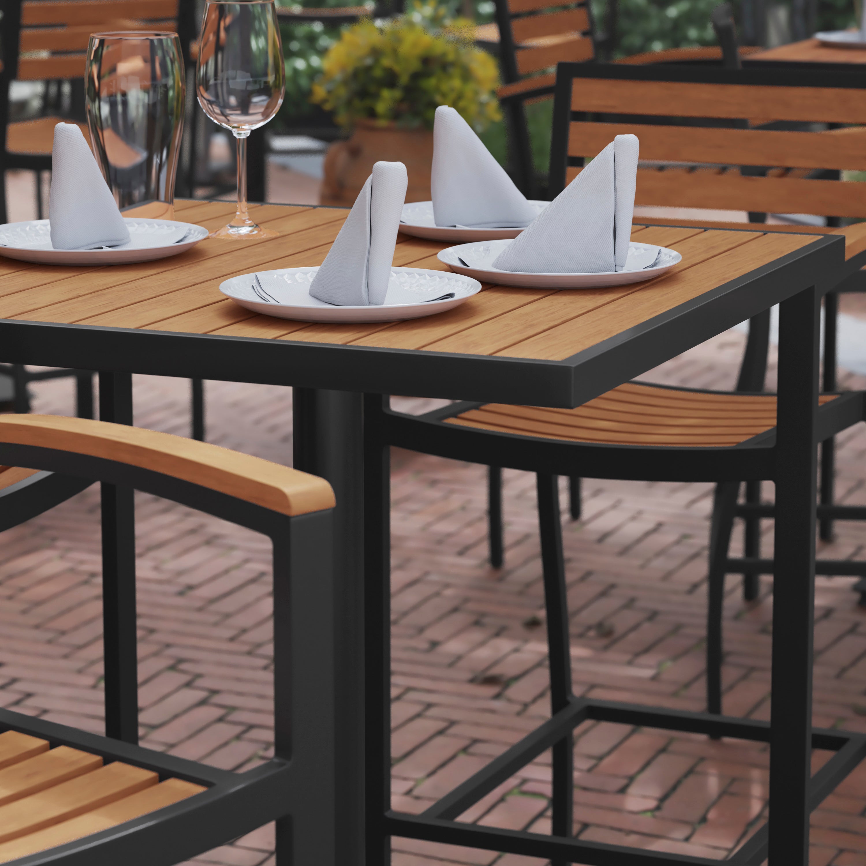 Lark Commercial Grade 32" Square Outdoor Bar Height Table with Faux Teak Poly Resin Slats