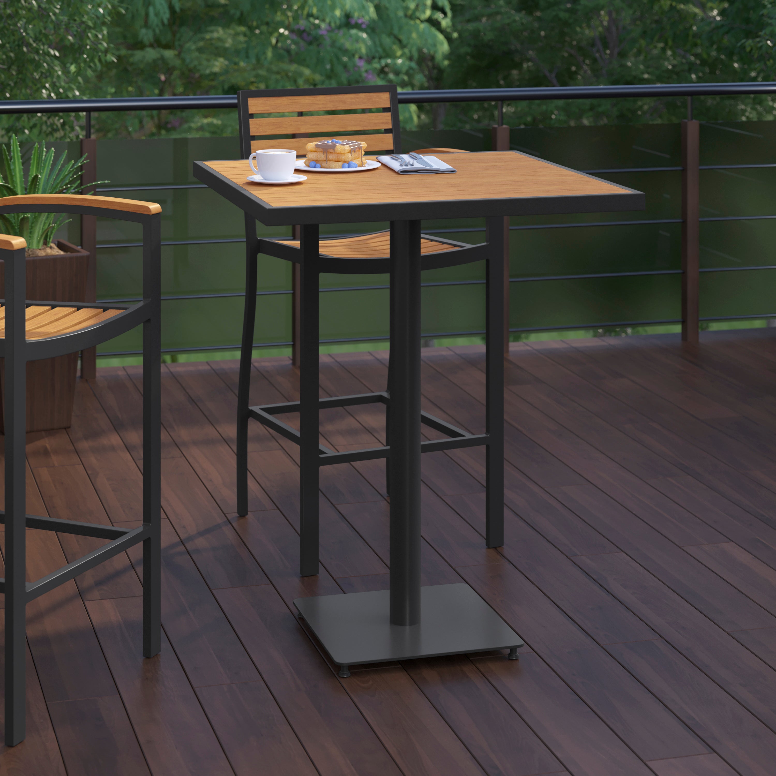 Lark Commercial Grade 32" Square Outdoor Bar Height Table with Faux Teak Poly Resin Slats