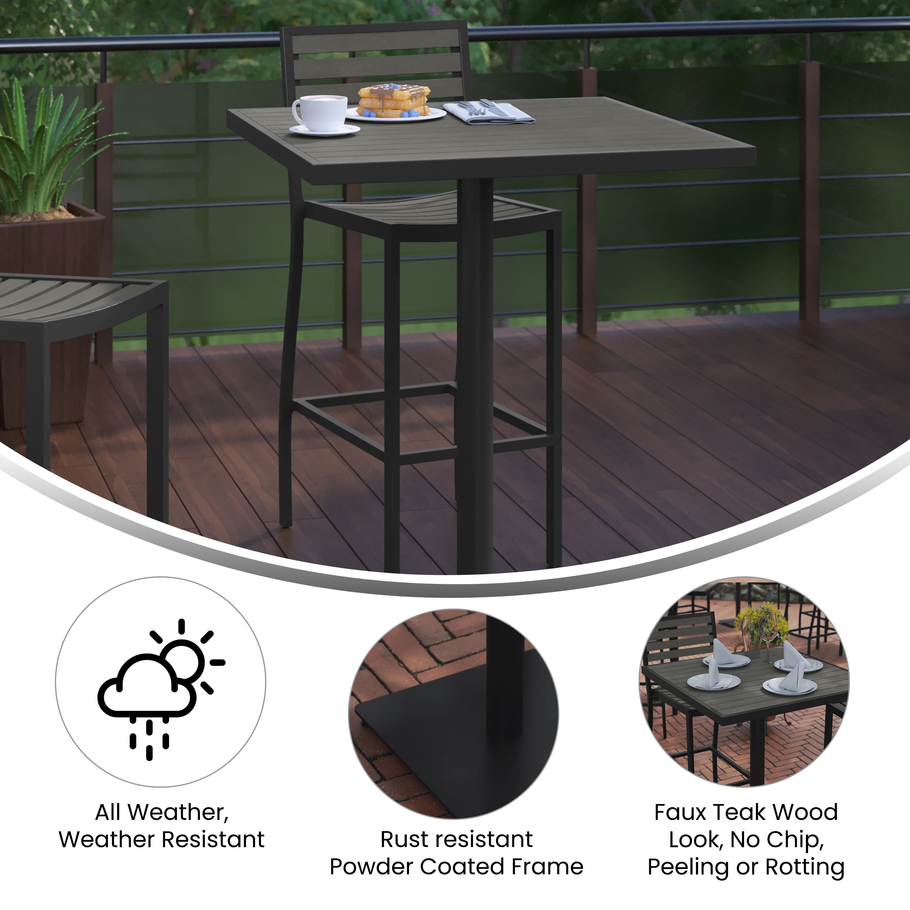 Lark Commercial Grade 32" Square Outdoor Bar Height Table with Gray Wash Poly Resin Slats