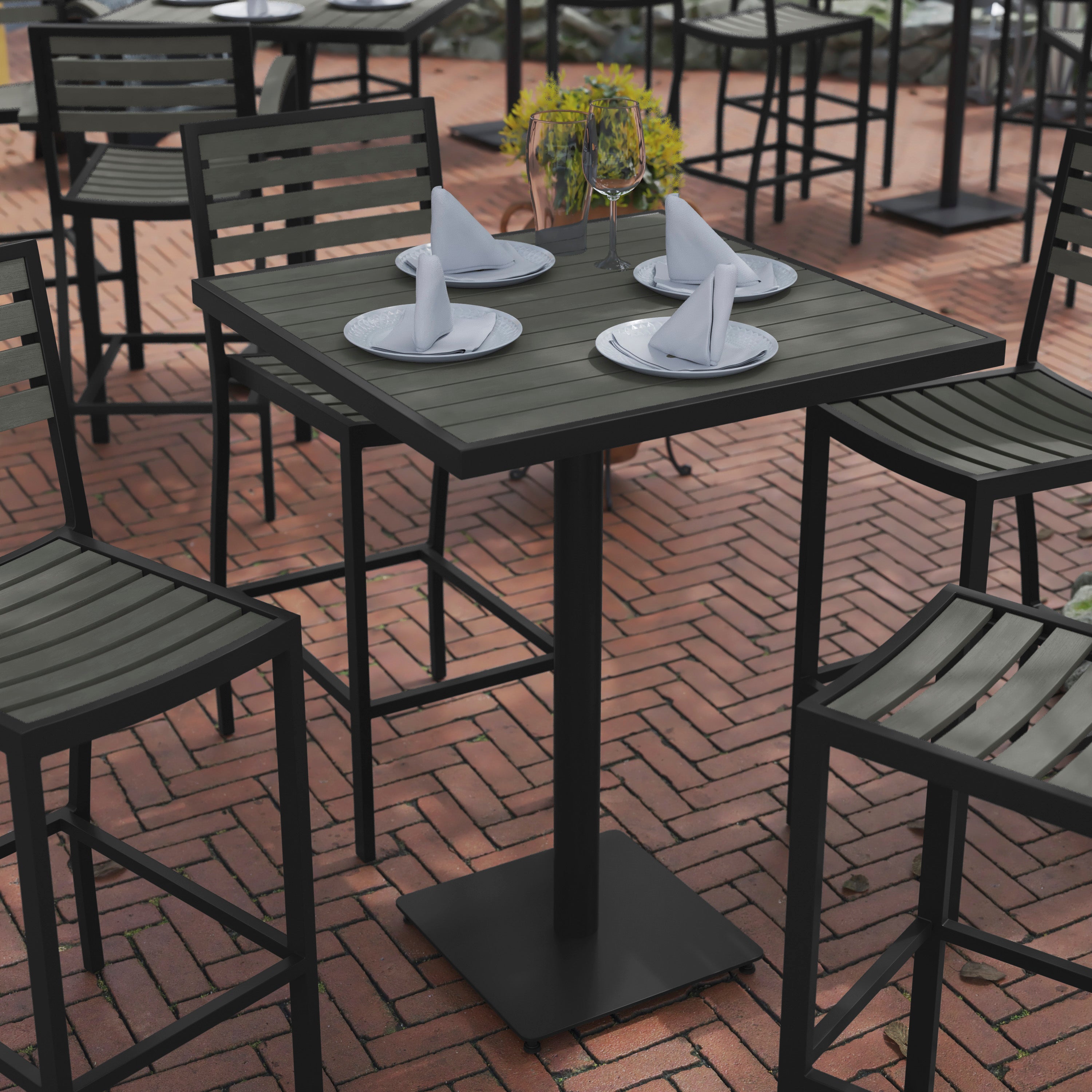 Lark Commercial Grade 32" Square Outdoor Bar Height Table with Gray Wash Poly Resin Slats