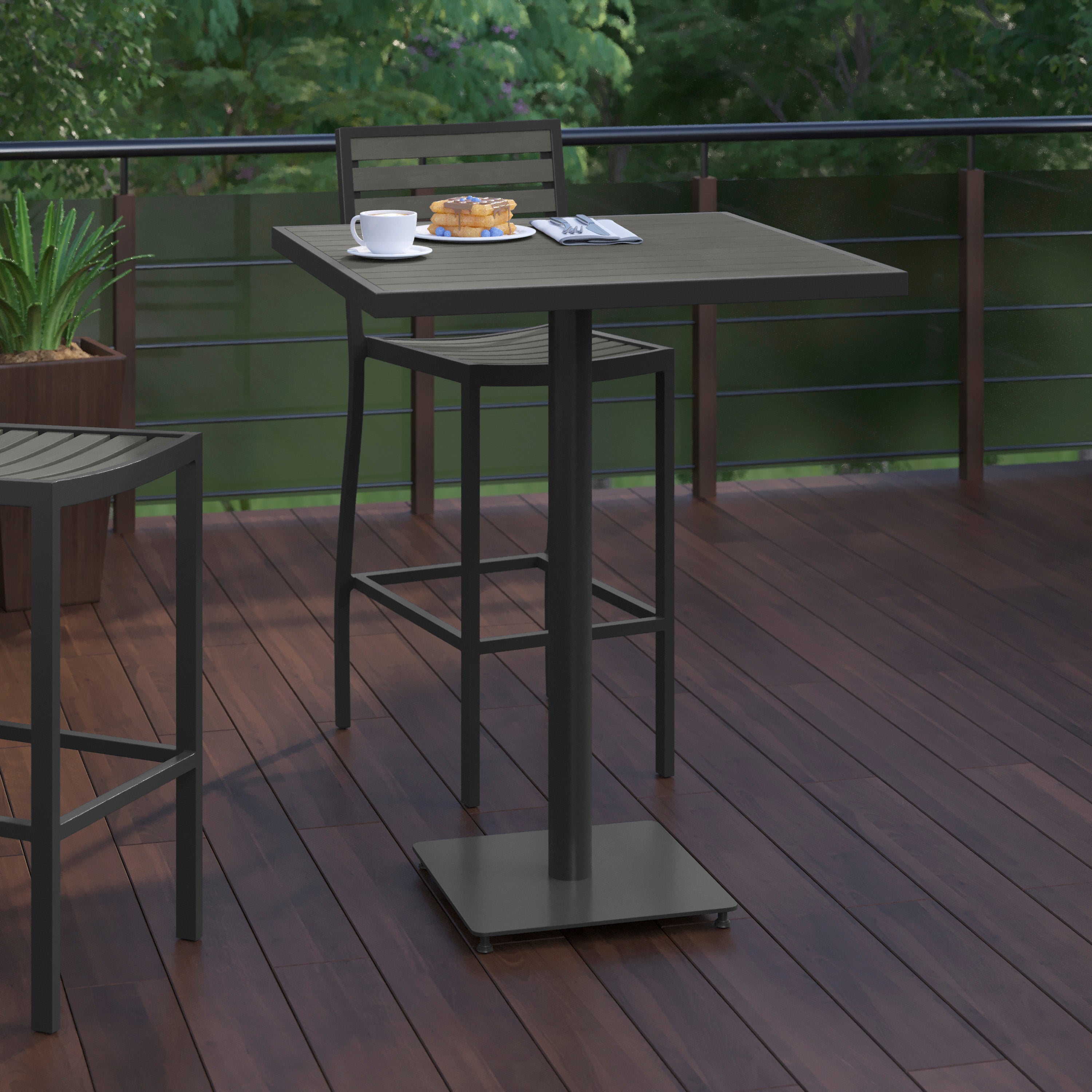Lark Commercial Grade 32" Square Outdoor Bar Height Table with Gray Wash Poly Resin Slats