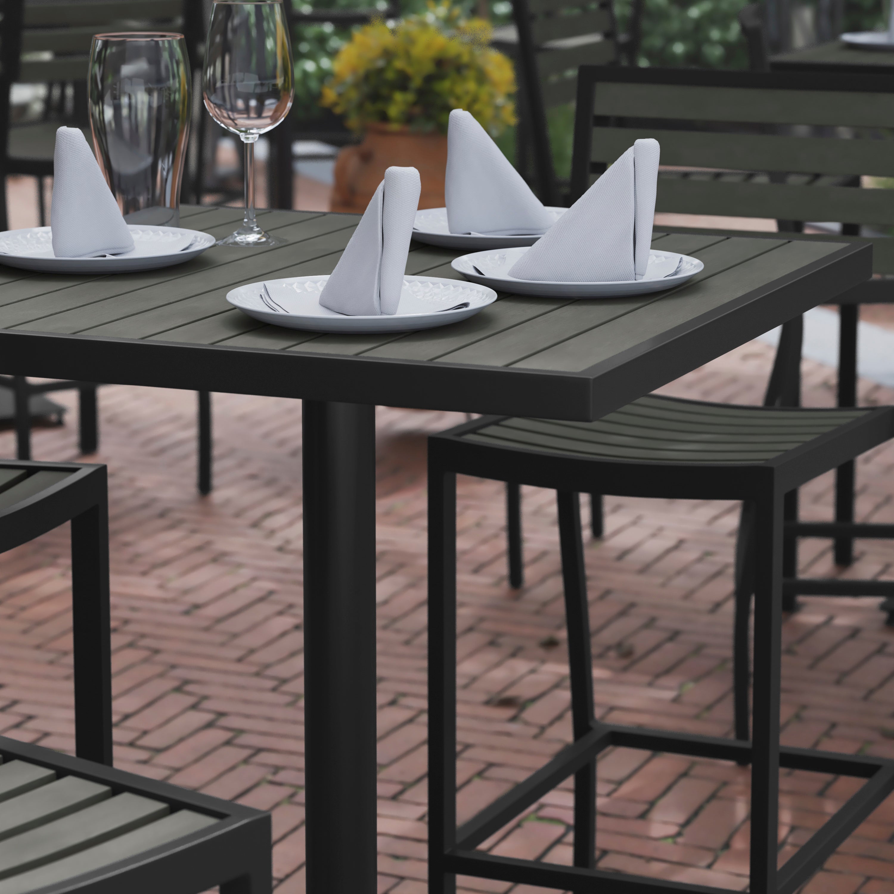 Lark Commercial Grade 32" Square Outdoor Bar Height Table with Gray Wash Poly Resin Slats