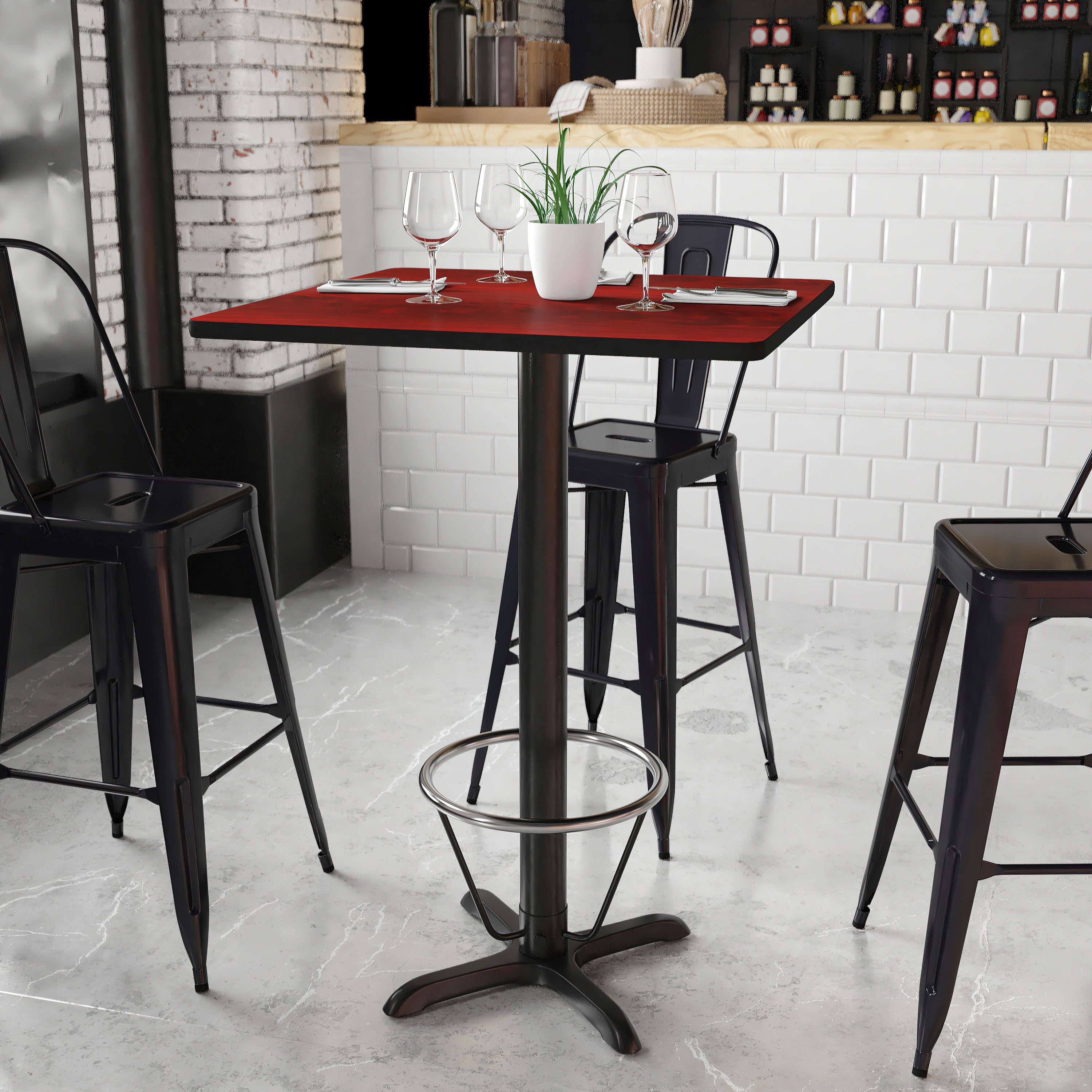 Stiles 30'' Square Mahogany Laminate Table Top with 22'' x 22'' Bar Height Table Base and Foot Ring
