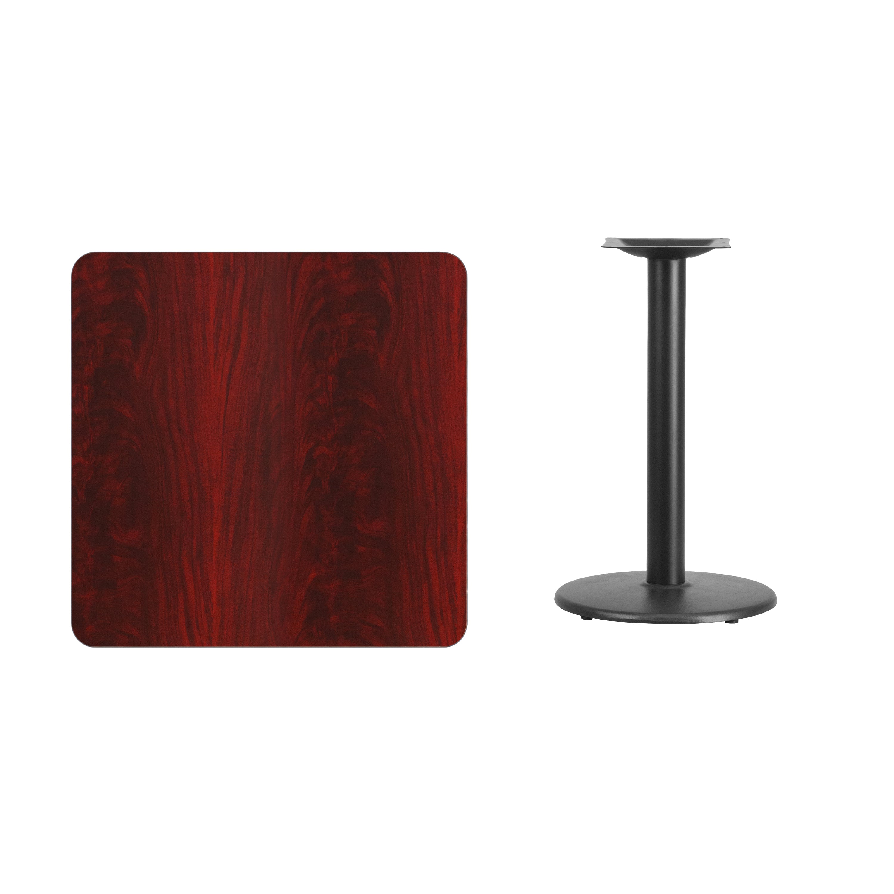 Graniss 30'' Square Mahogany Laminate Table Top with 18'' Round Table Height Base