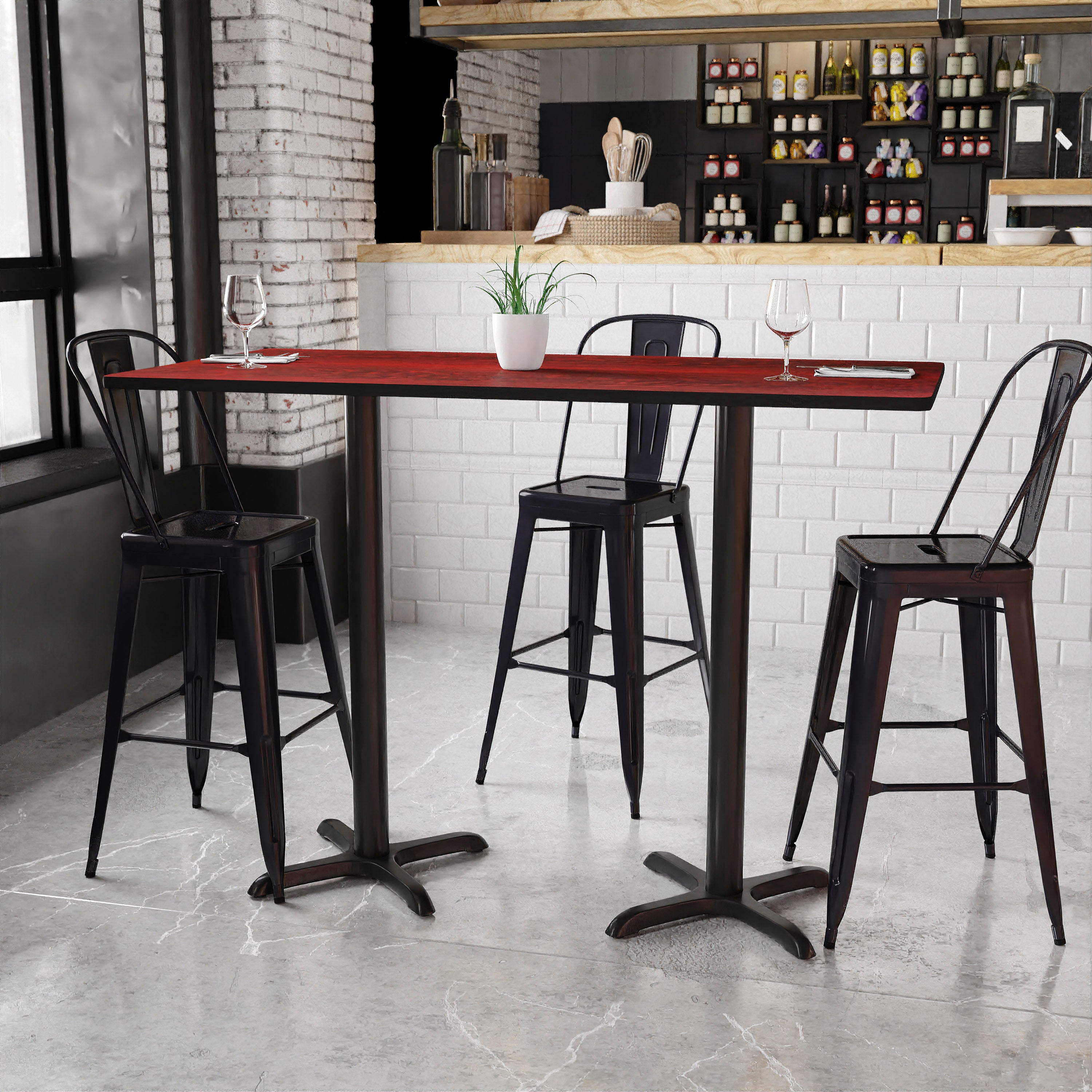 Stiles 30'' x 60'' Rectangular Mahogany Laminate Table Top with 22'' x 22'' Bar Height Table Bases