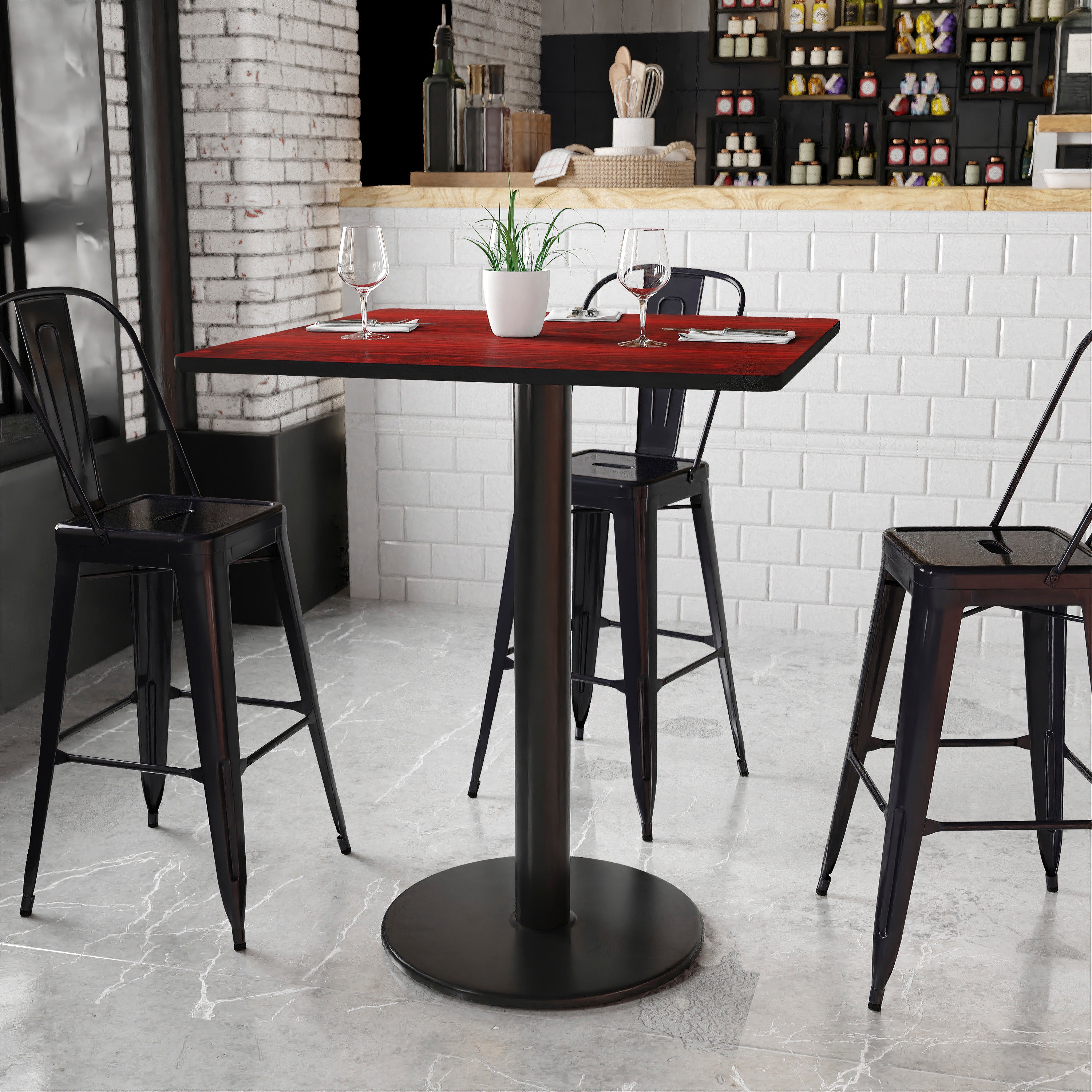 Stiles 36'' Square Mahogany Laminate Table Top with 24'' Round Bar Height Table Base