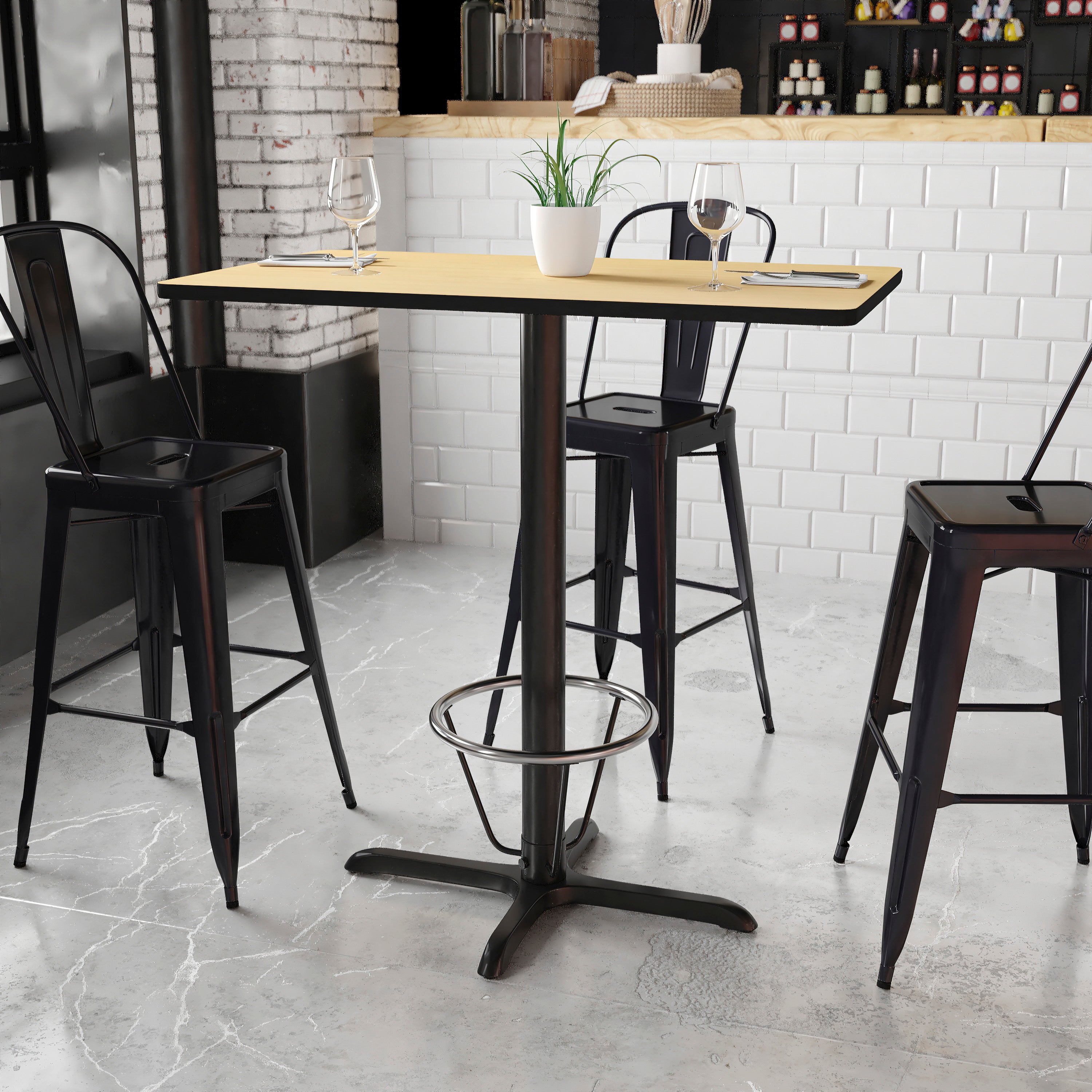 Stiles 24'' x 42'' Rectangular Natural Laminate Table Top with 23.5'' x 29.5'' Bar Height Table Base and Foot Ring