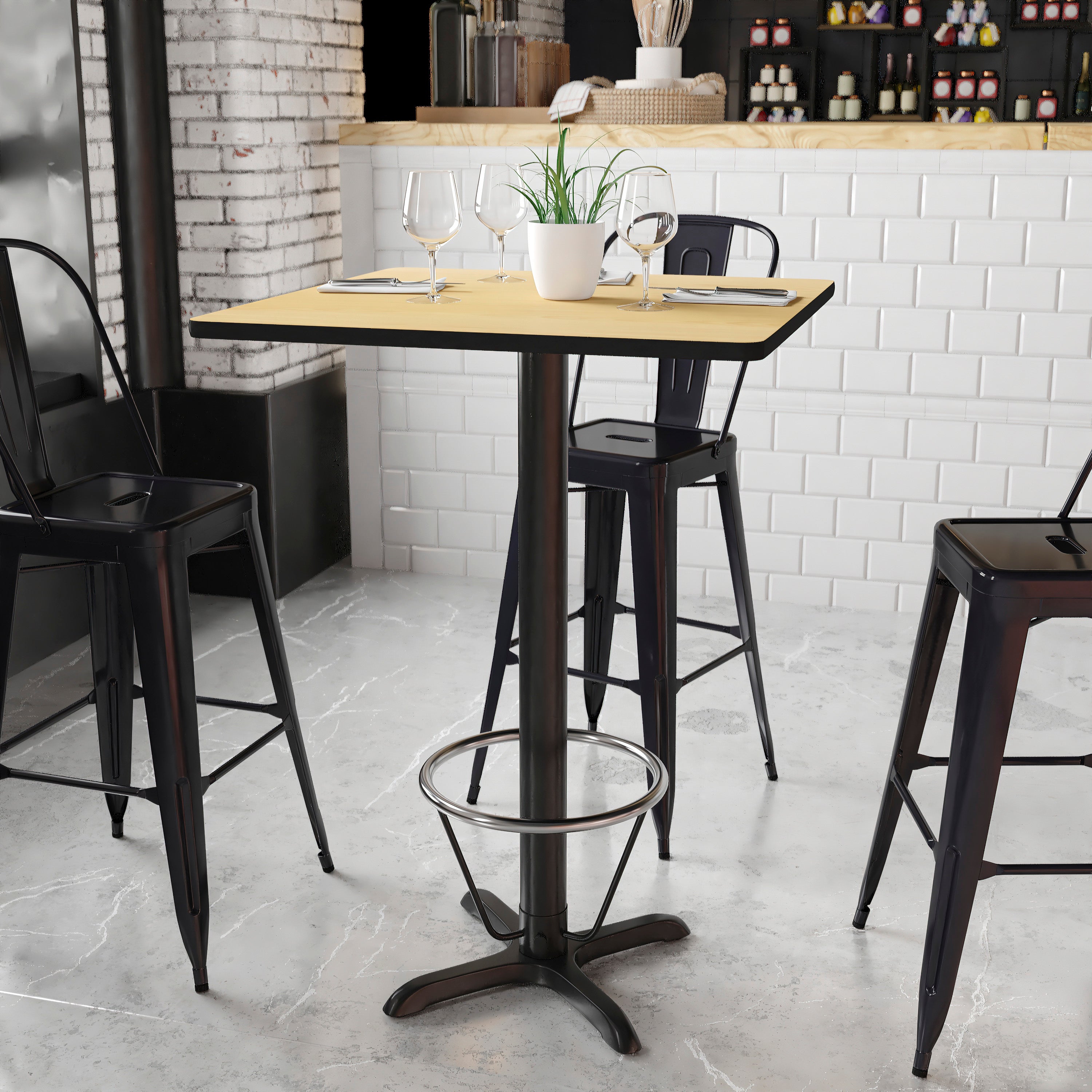 Stiles 30'' Square Natural Laminate Table Top with 22'' x 22'' Bar Height Table Base and Foot Ring