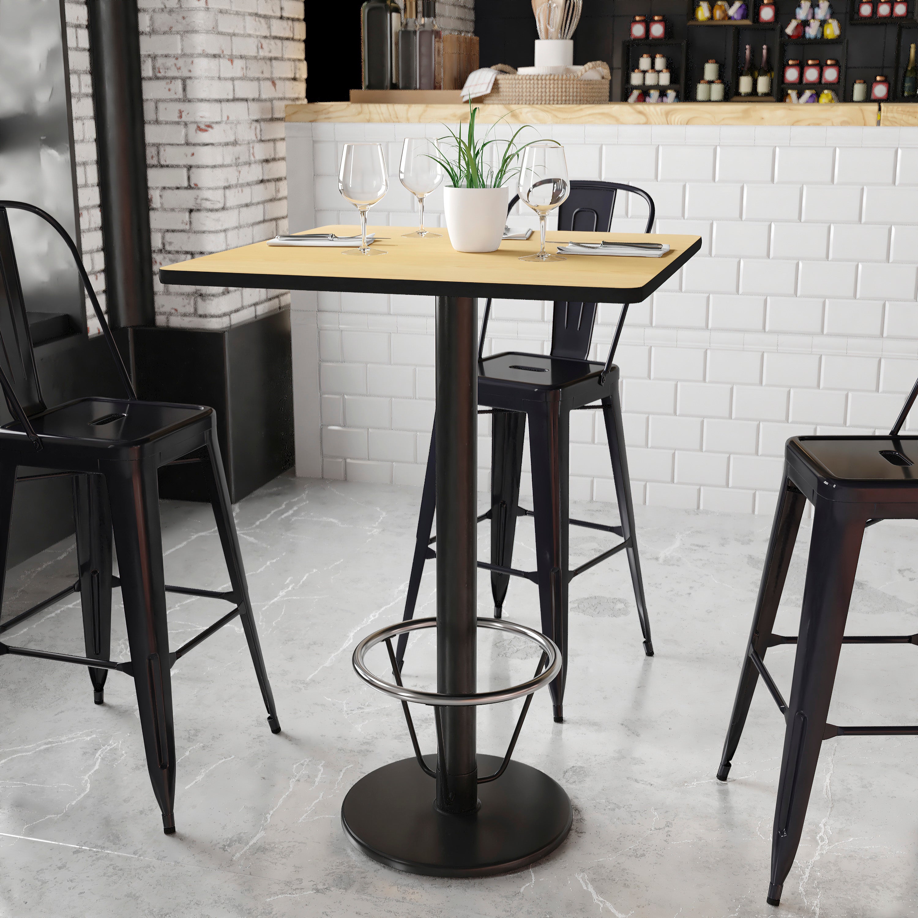Stiles 30'' Square Natural Laminate Table Top with 18'' Round Bar Height Table Base and Foot Ring