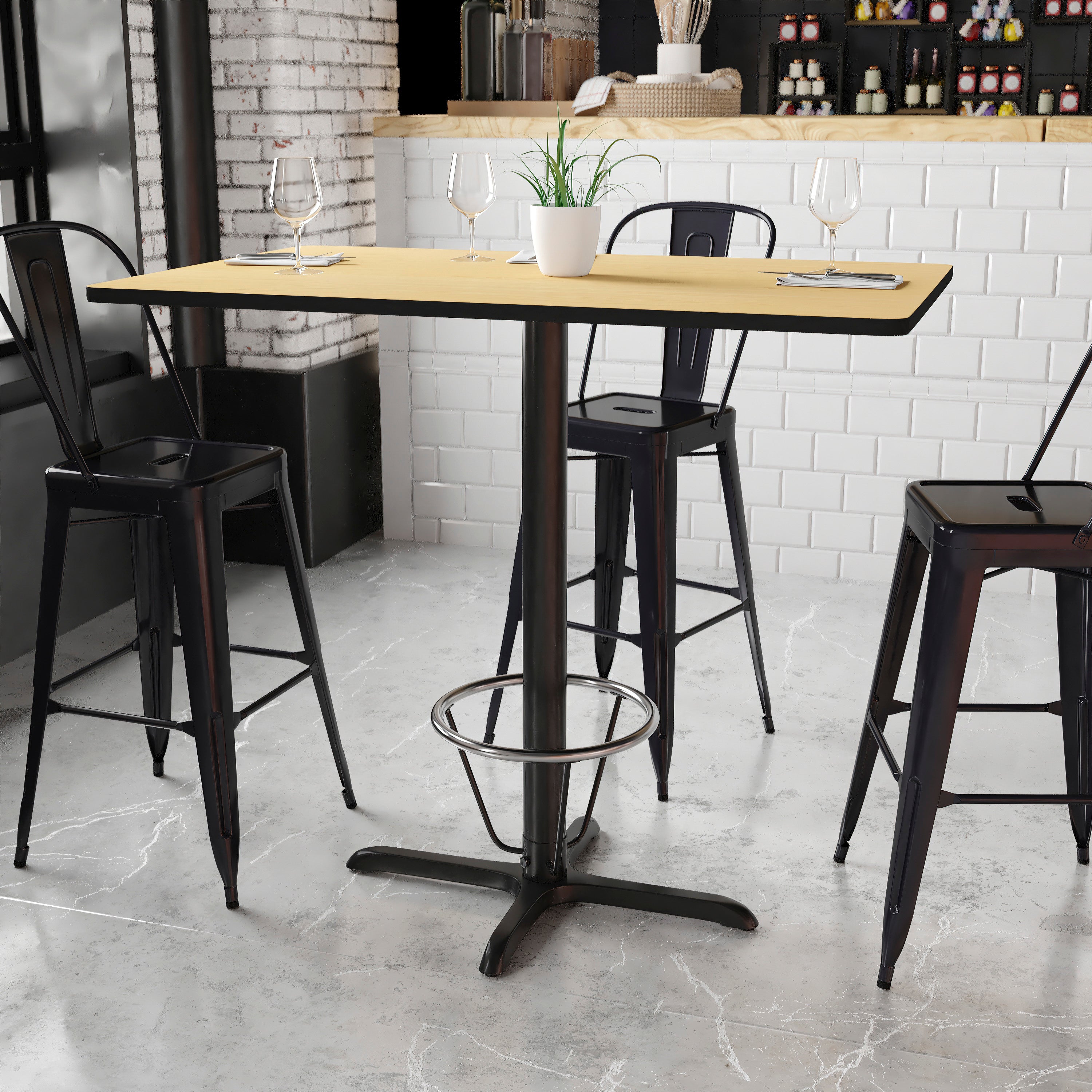 Stiles 30'' x 48'' Rectangular Natural Laminate Table Top with 23.5'' x 29.5'' Bar Height Table Base and Foot Ring