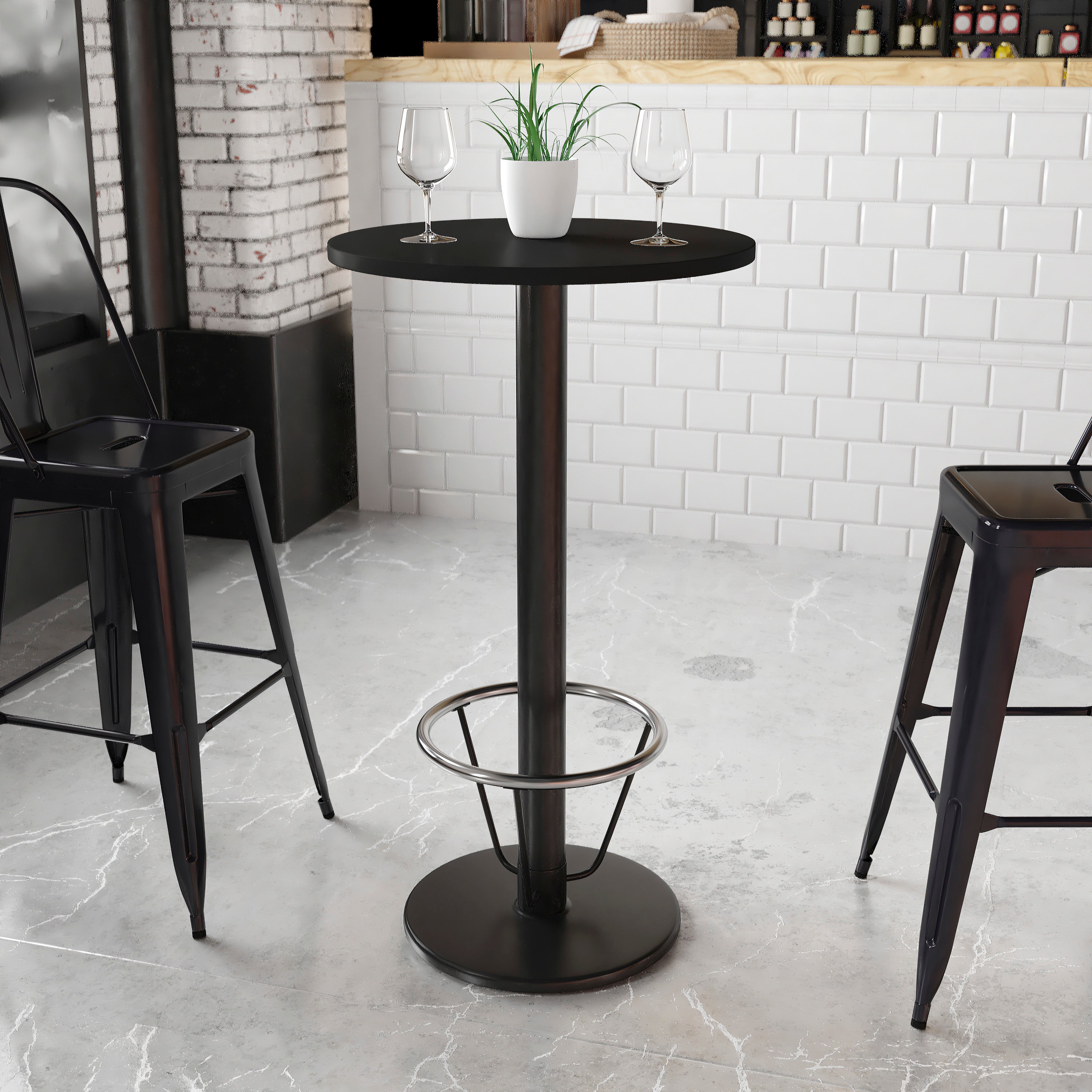 Stiles 24'' Round Black Laminate Table Top with 18'' Round Bar Height Table Base and Foot Ring