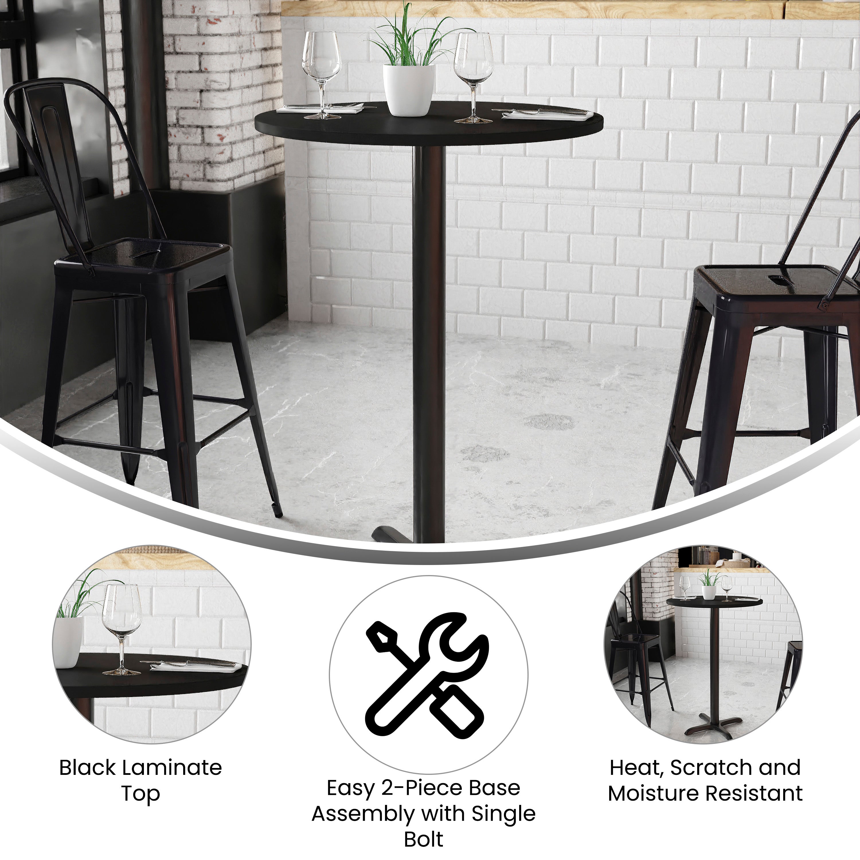 Stiles 30'' Round Black Laminate Table Top with 22'' x 22'' Bar Height Table Base