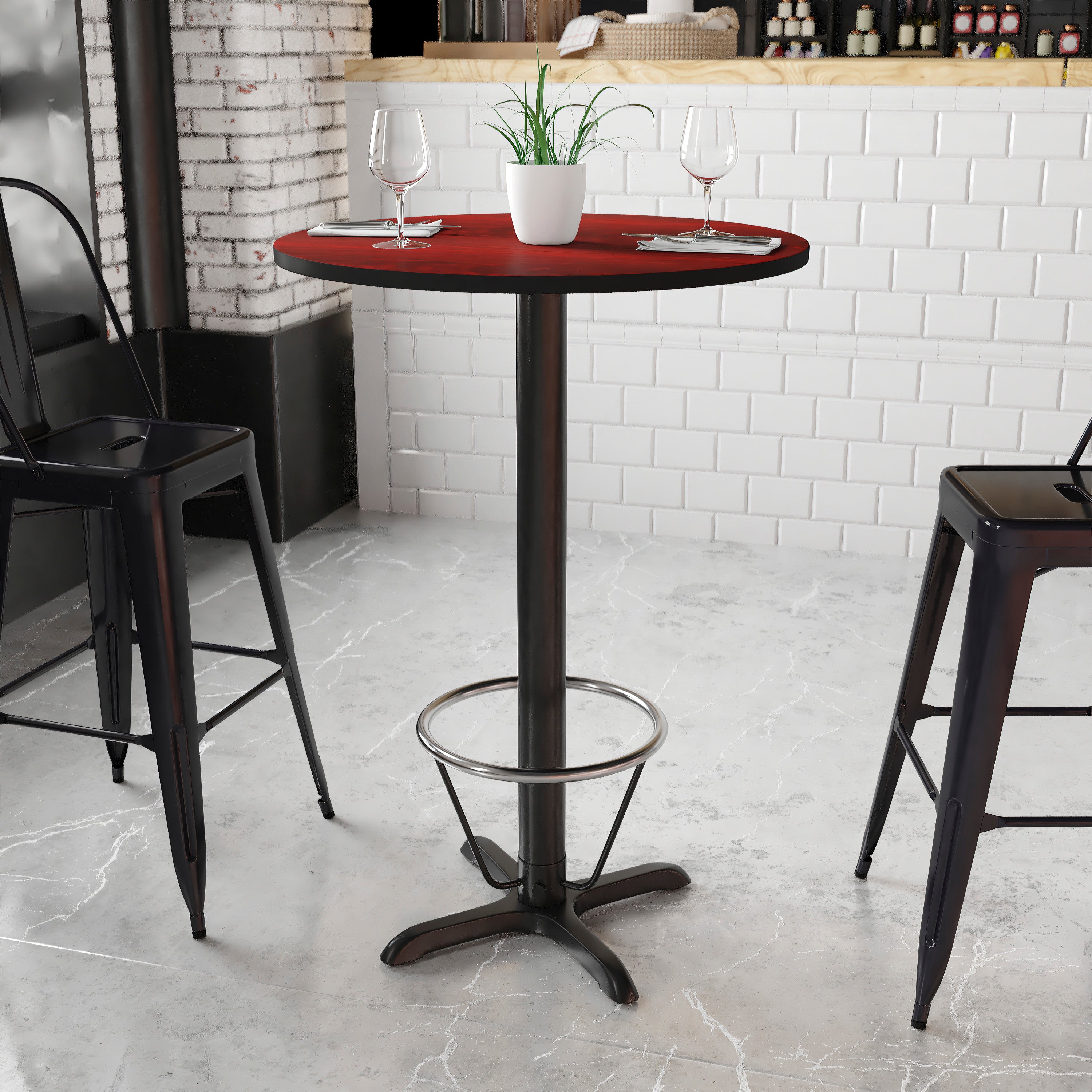 Stiles 30'' Round Mahogany Laminate Table Top with 22'' x 22'' Bar Height Table Base and Foot Ring