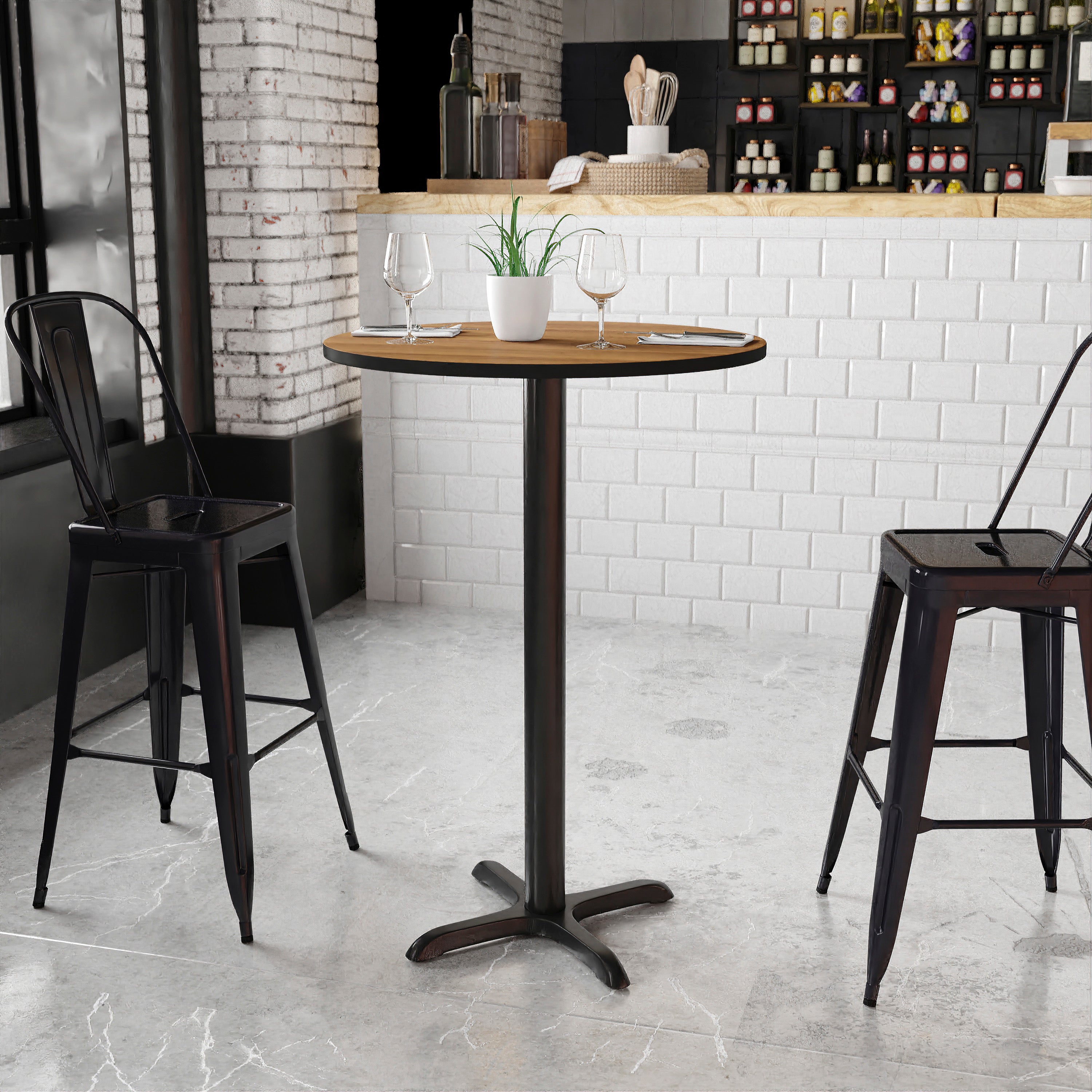 Stiles 30'' Round Walnut Laminate Table Top with 22'' x 22'' Bar Height Table Base