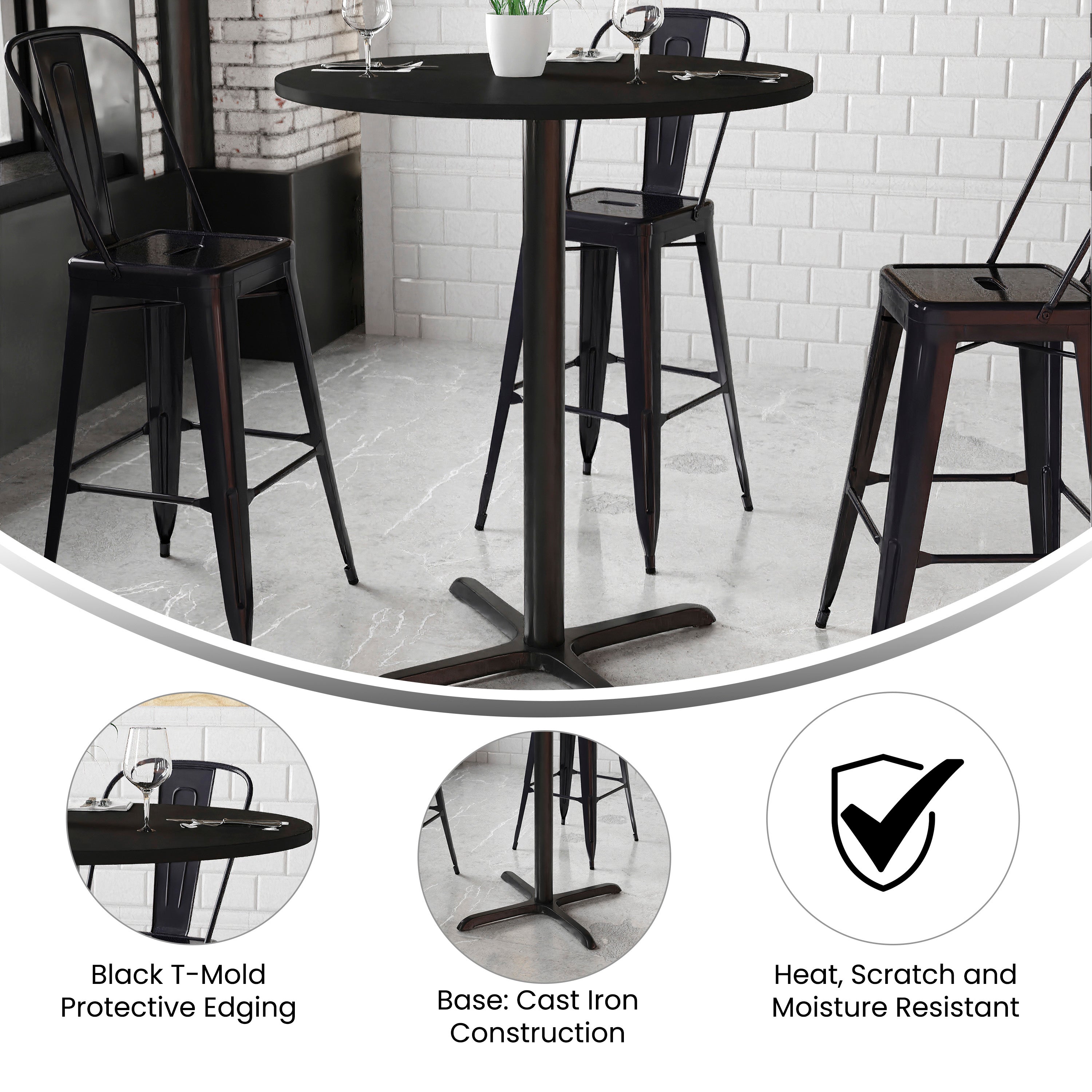 Stiles 36'' Round Black Laminate Table Top with 30'' x 30'' Bar Height Table Base