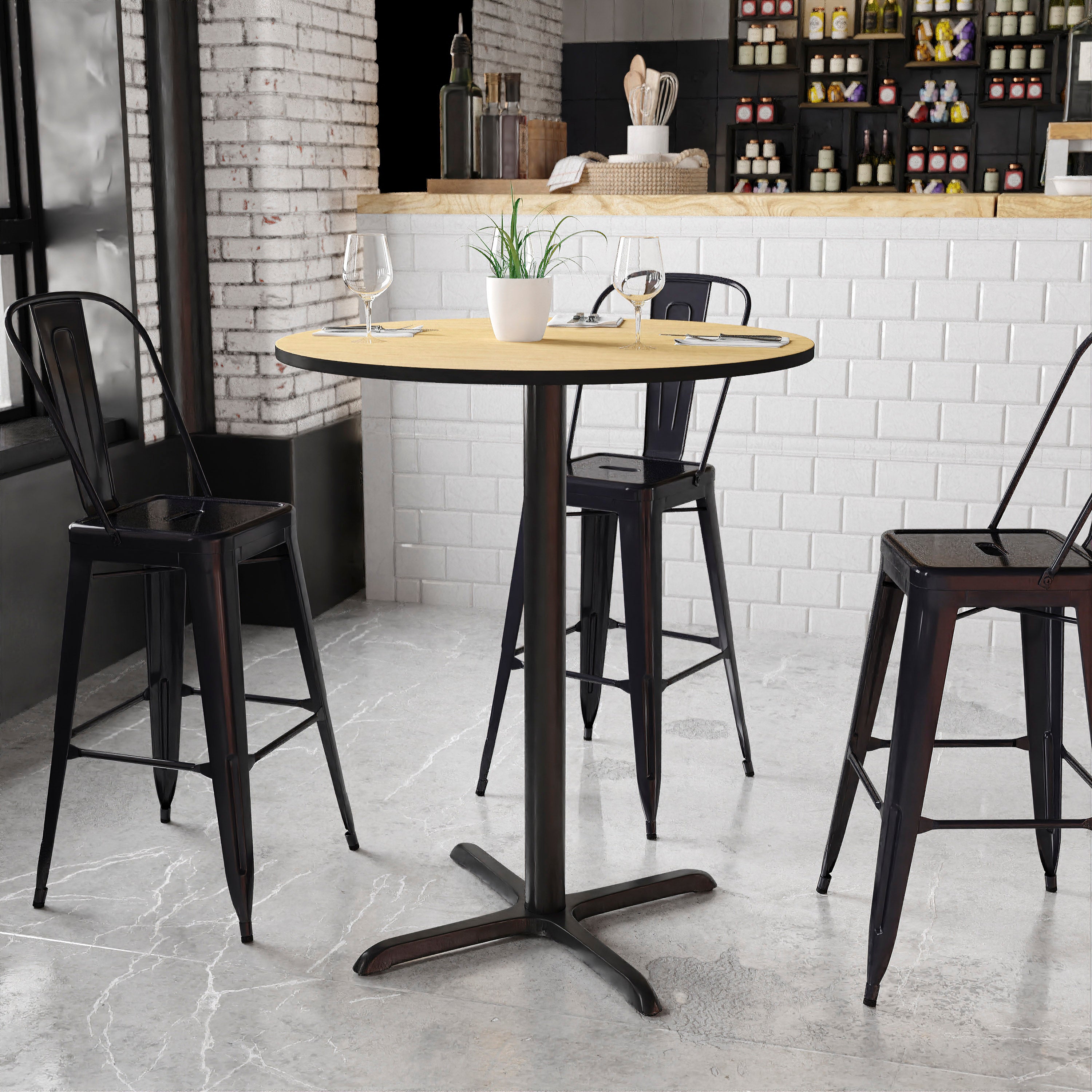 Stiles 36'' Round Natural Laminate Table Top with 30'' x 30'' Bar Height Table Base