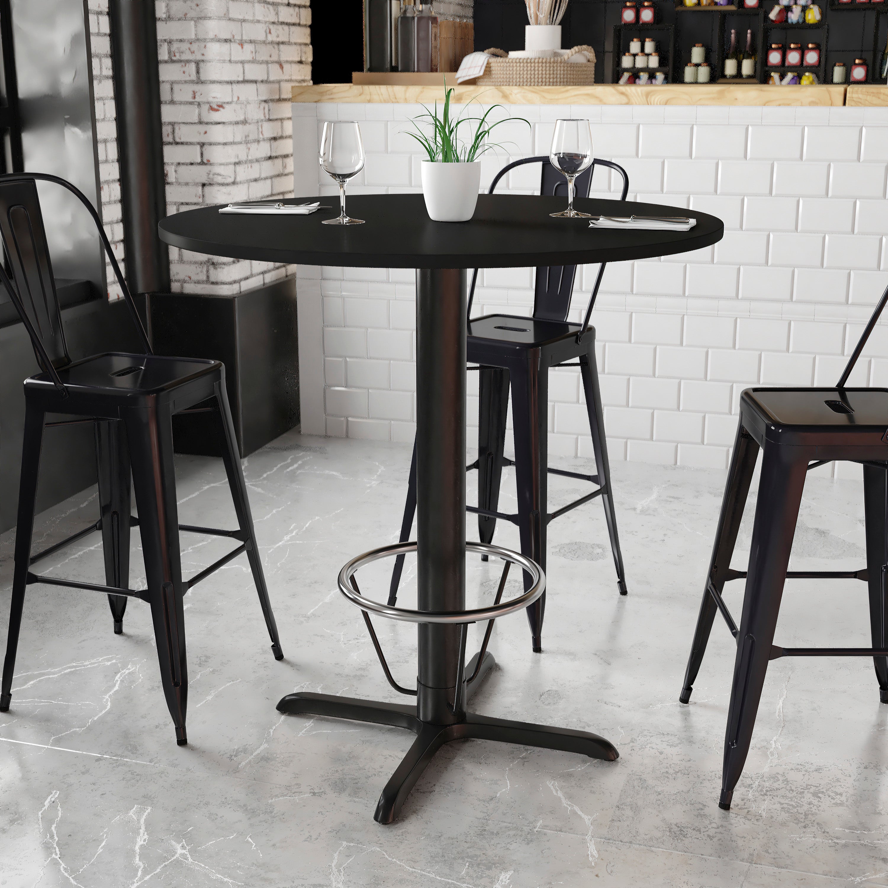 Stiles 42'' Round Black Laminate Table Top with 33'' x 33'' Bar Height Table Base and Foot Ring