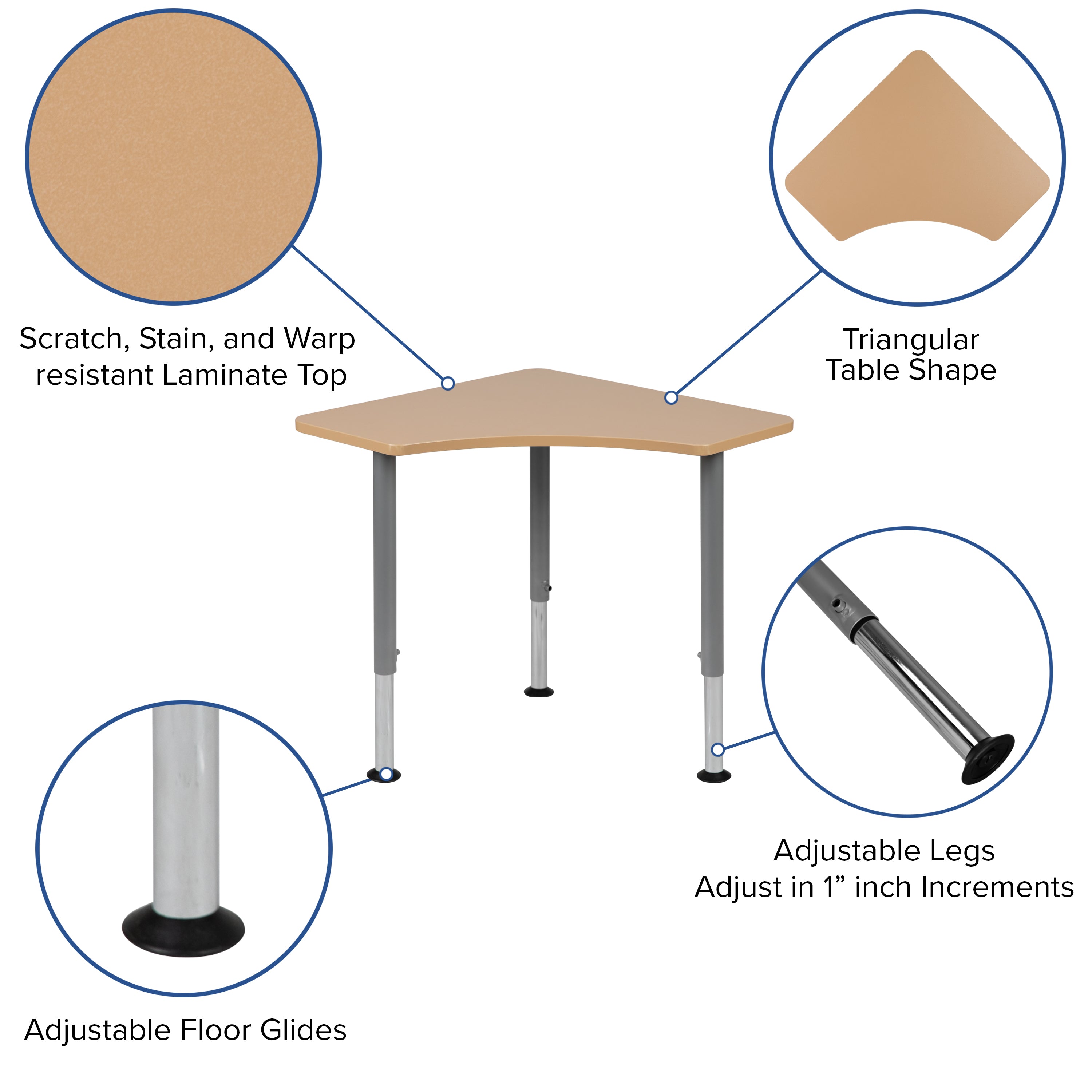 Billie Triangular Natural Collaborative Student Desk (Adjustable from 22.3" to 34") - Home and Classroom