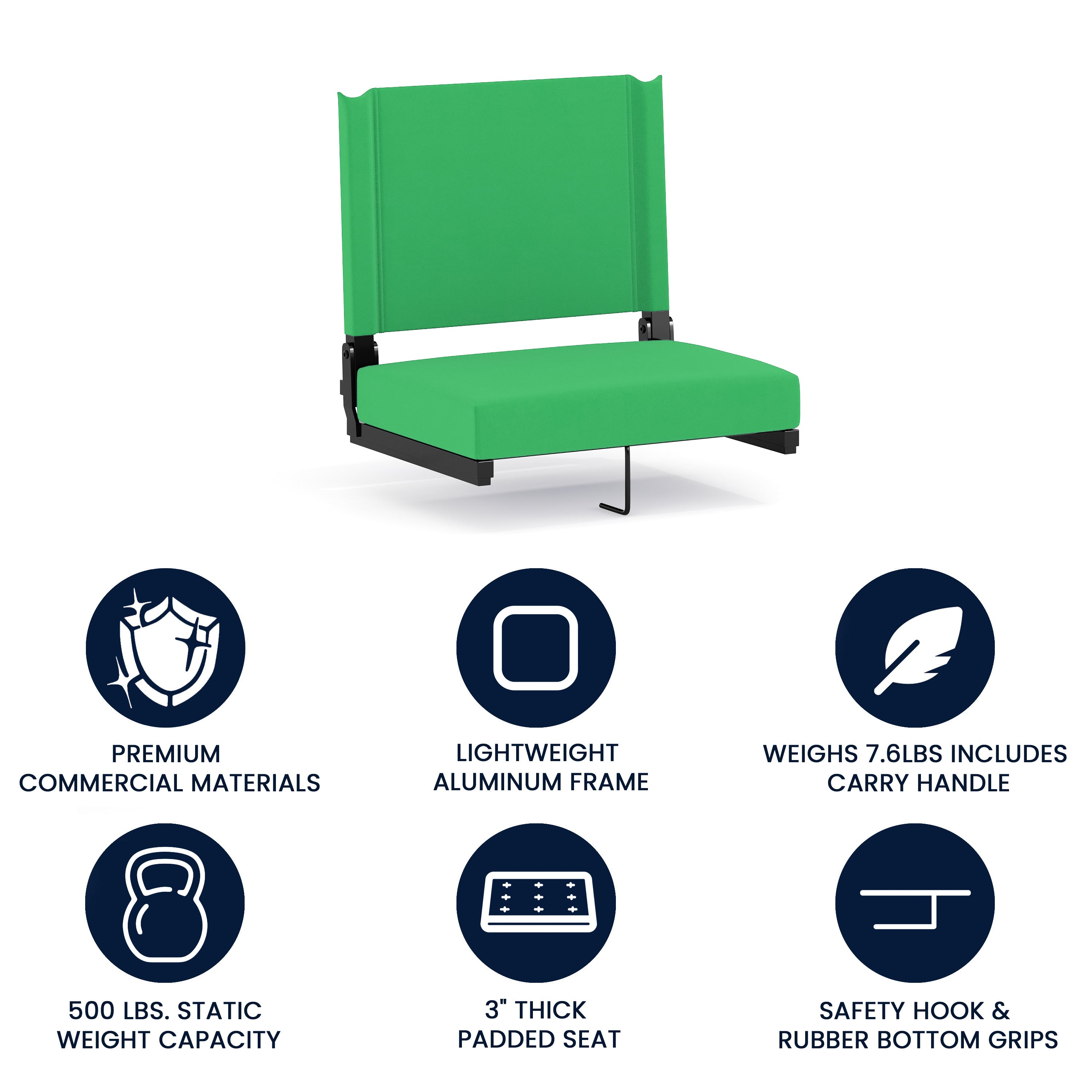 Grandstand Comfort 500 lb Capacity Padded Stadium Chairs, Folding Seats with Handles, Lightweight & Durable, Bright Green