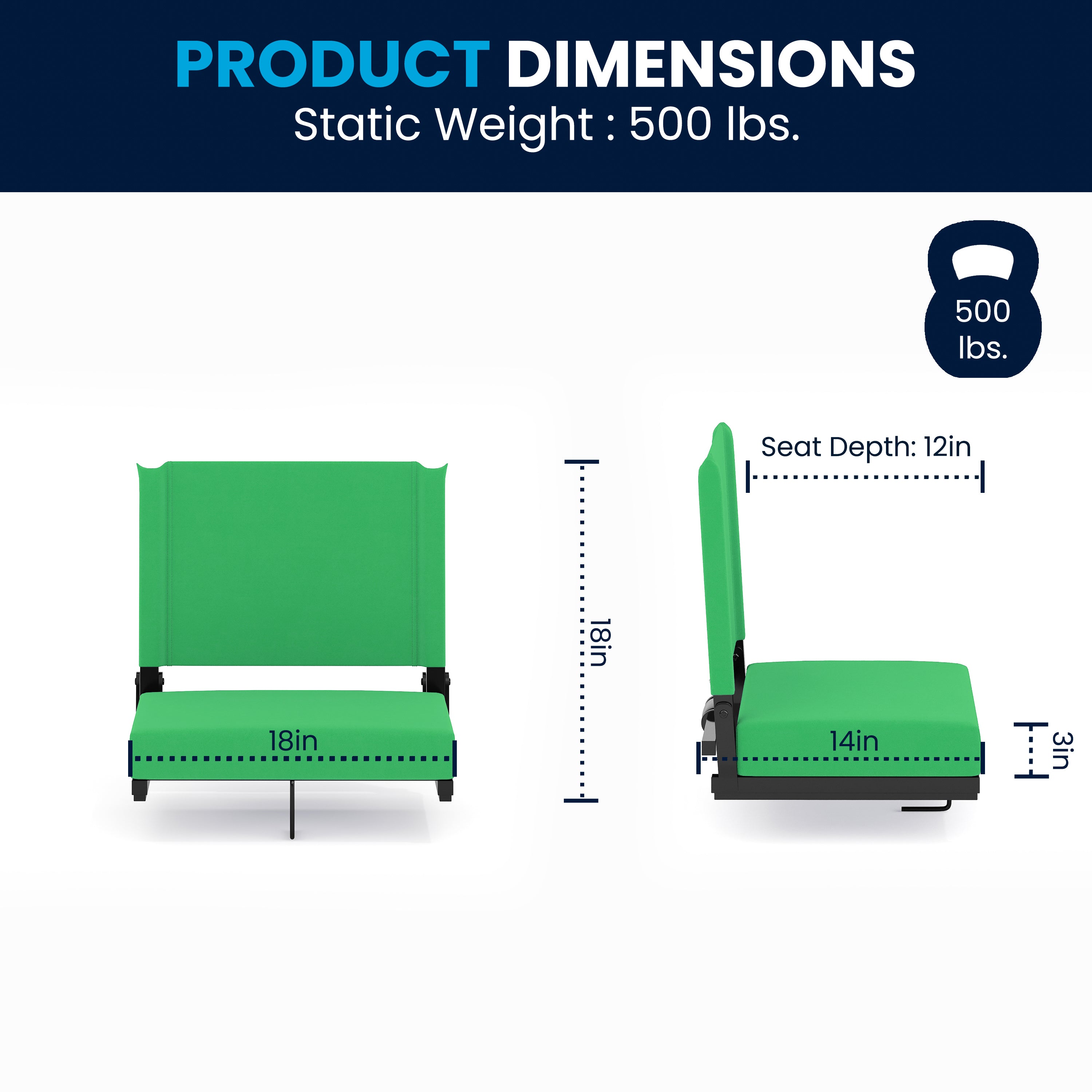 Grandstand Comfort 500 lb Capacity Padded Stadium Chairs, Folding Seats with Handles, Lightweight & Durable, Bright Green