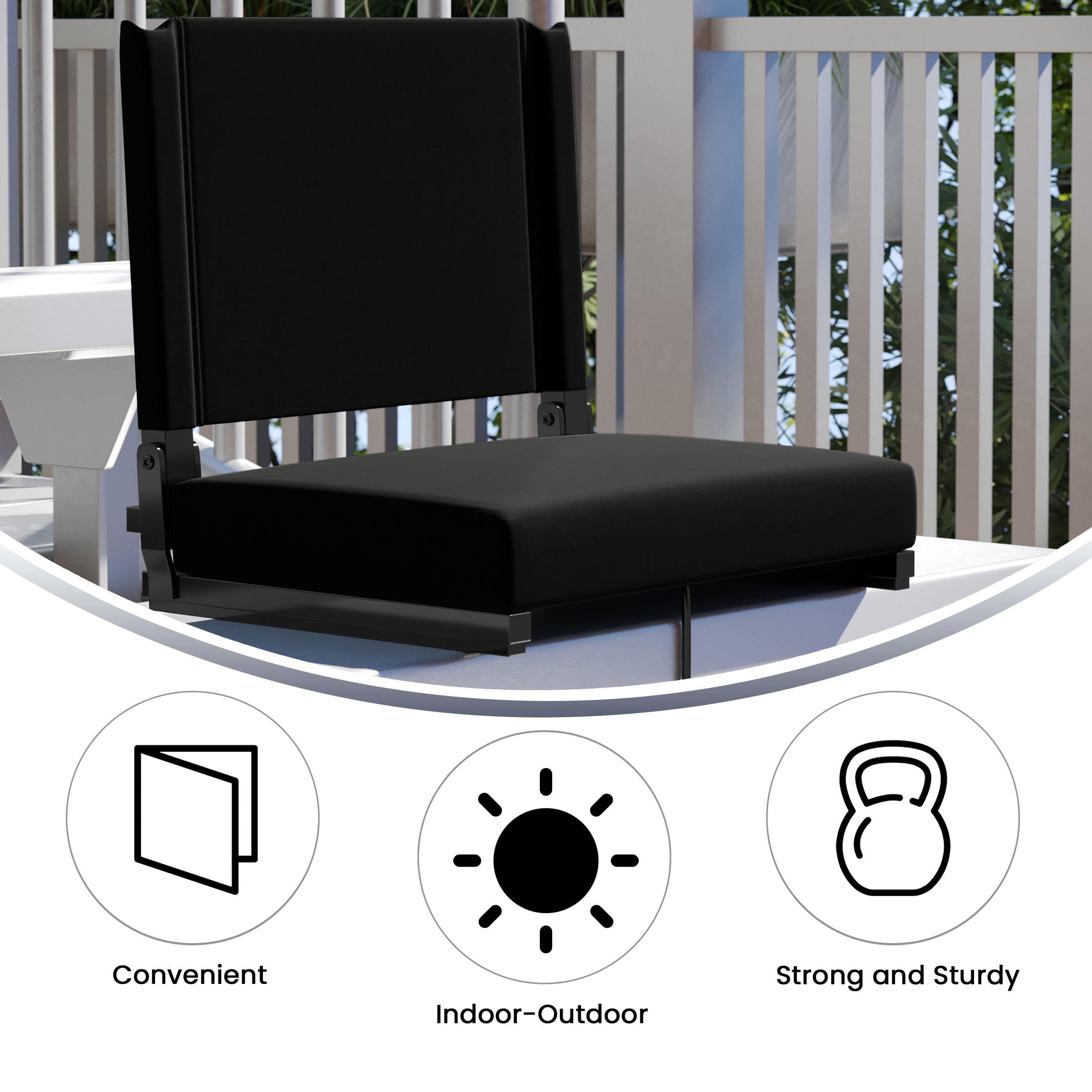 Grandstand Comfort 500 lb Capacity Padded Stadium Chairs, Folding Seats with Handles, Lightweight & Durable, Black