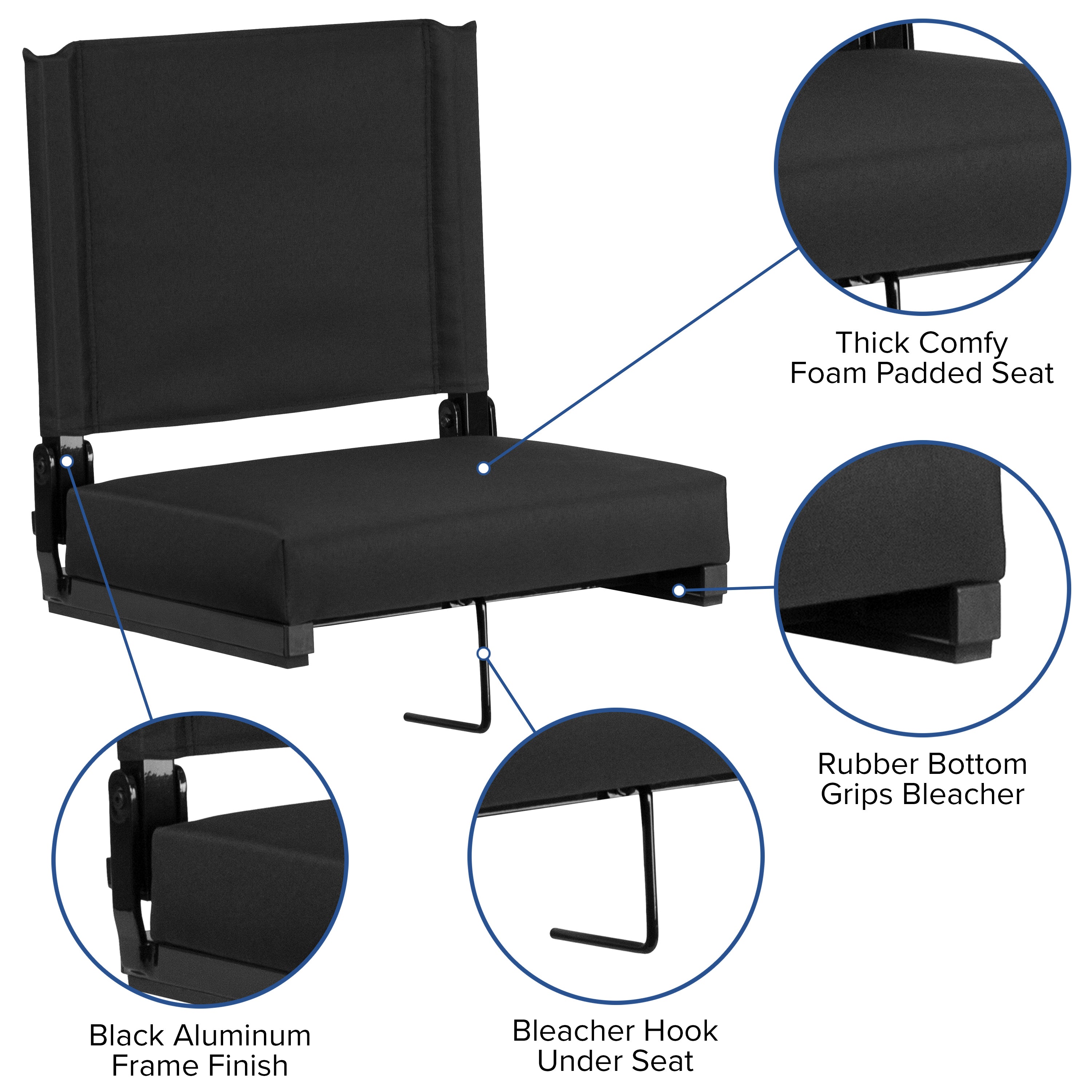 Grandstand Comfort 500 lb Capacity Padded Stadium Chairs, Folding Seats with Handles, Lightweight & Durable, Black