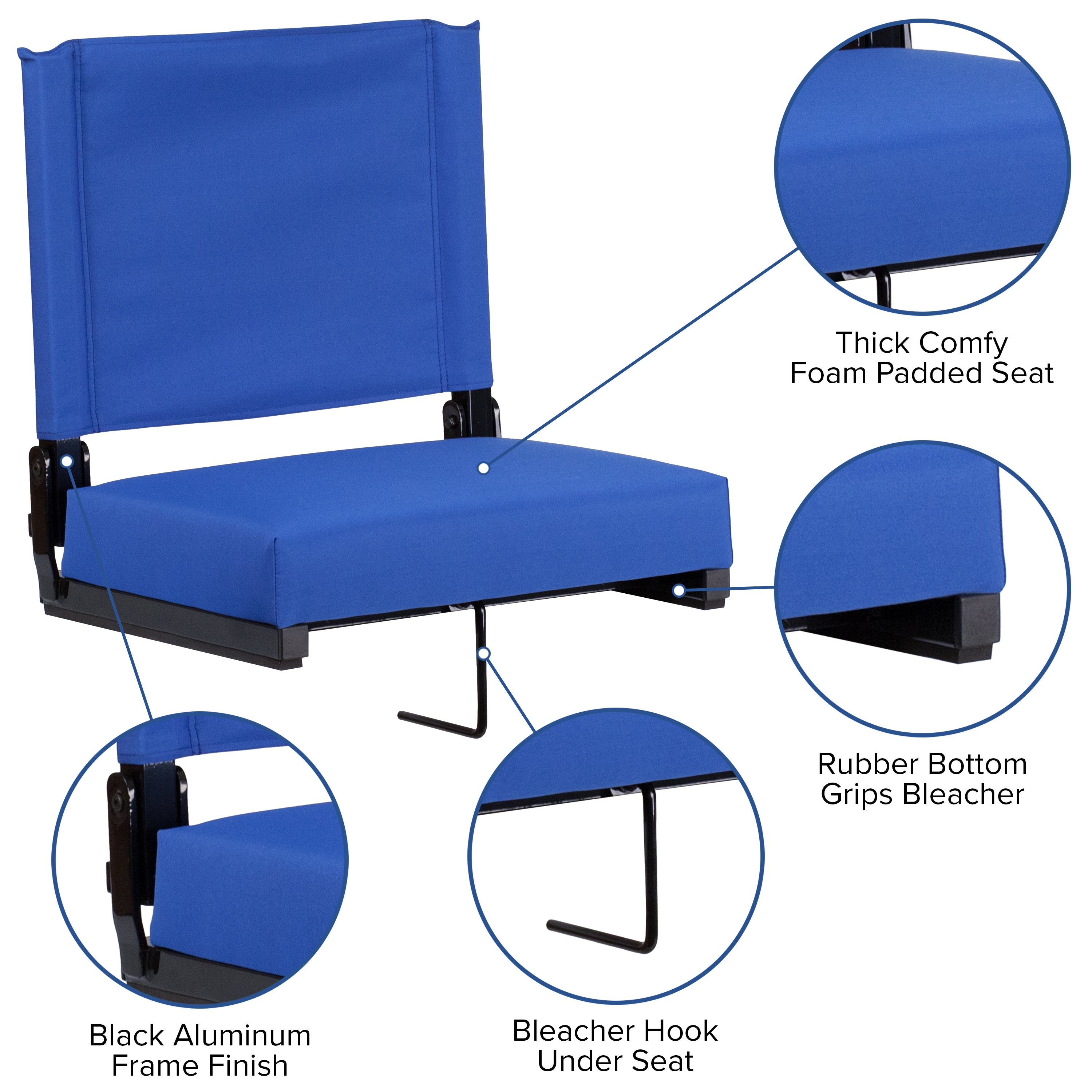 Grandstand Comfort 500 lb Capacity Padded Stadium Chairs, Folding Seats with Handles, Lightweight & Durable, Blue
