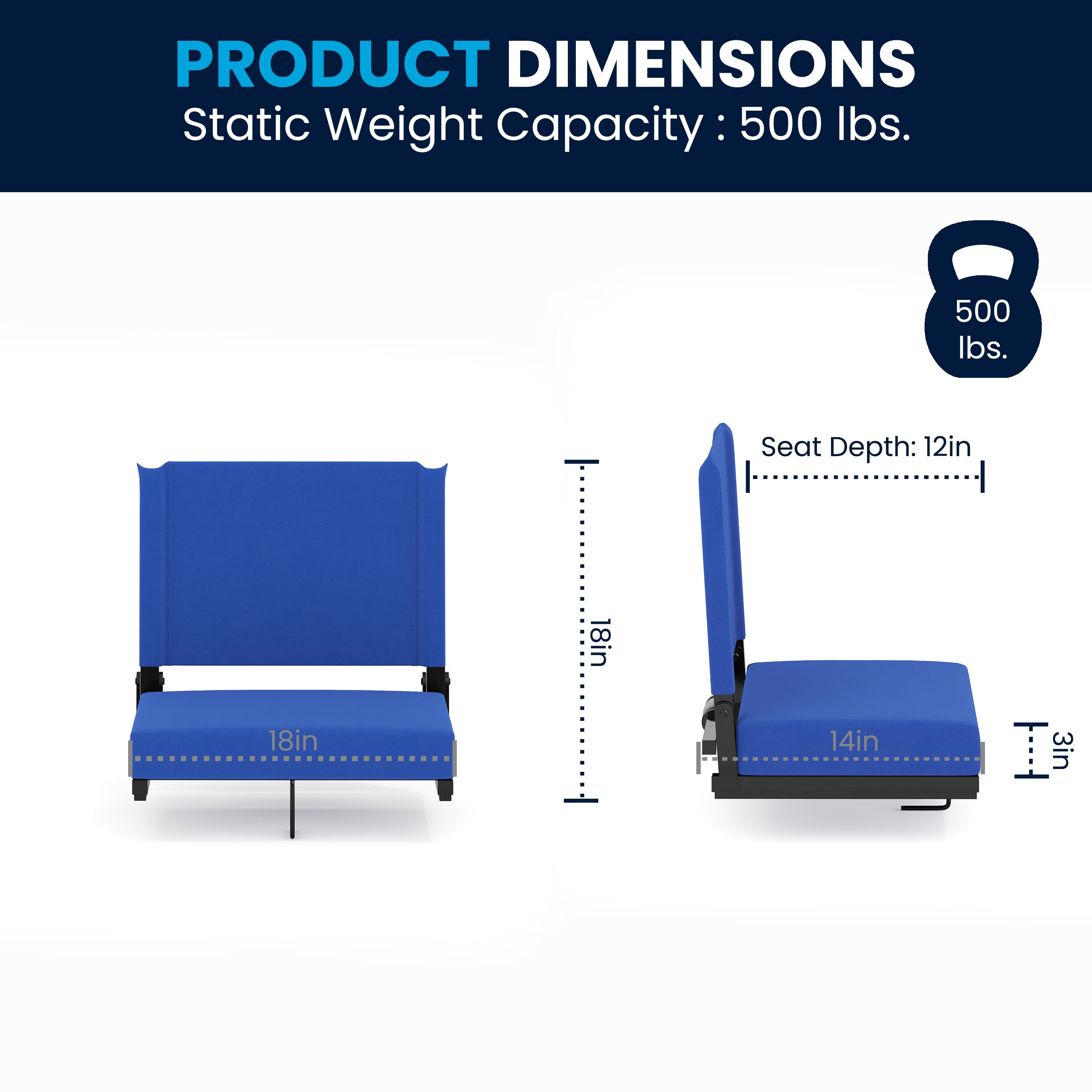 Grandstand Comfort 500 lb Capacity Padded Stadium Chairs, Folding Seats with Handles, Lightweight & Durable, Blue