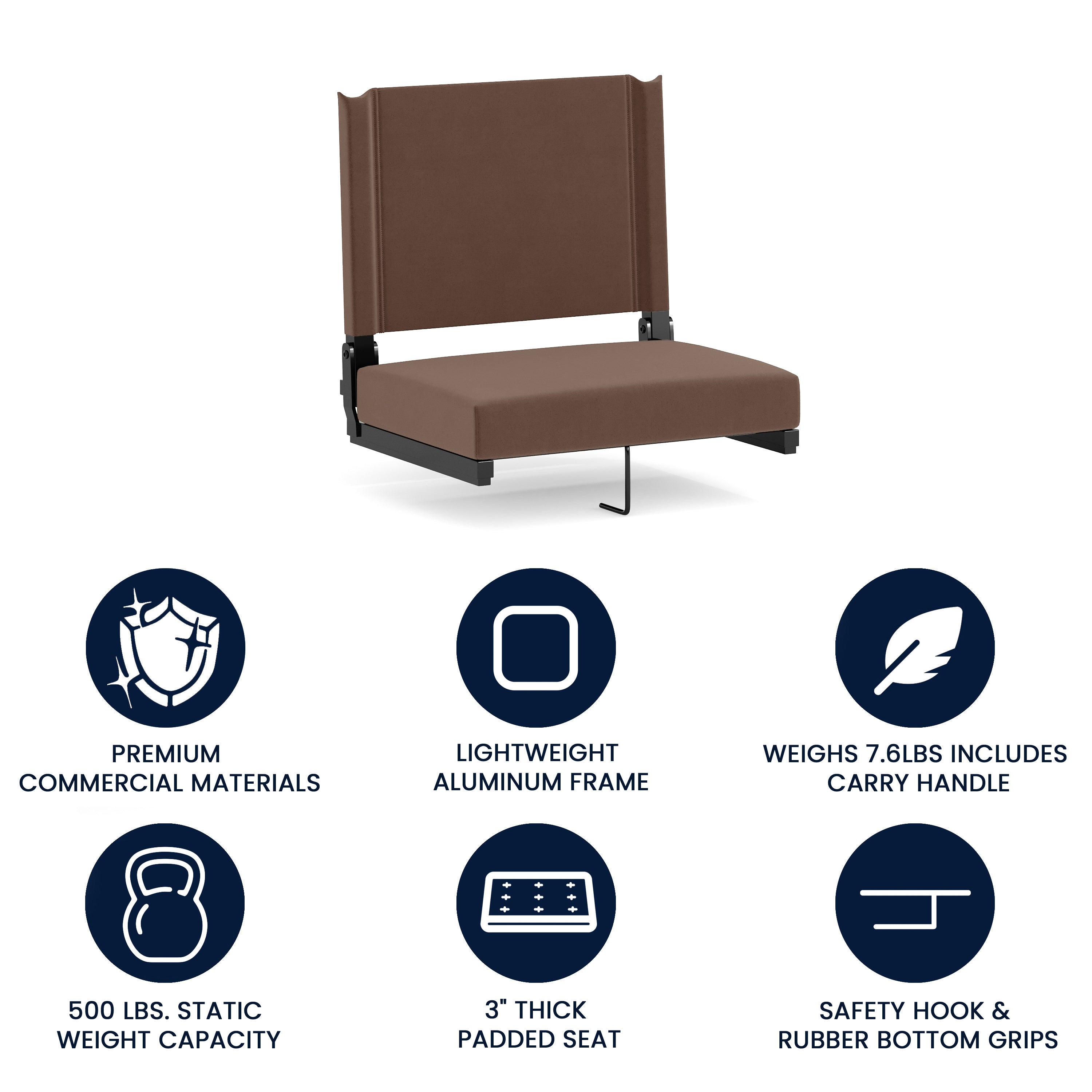 Grandstand Comfort 500 lb Capacity Padded Stadium Chairs, Folding Seats with Handles, Lightweight & Durable, Dark Brown