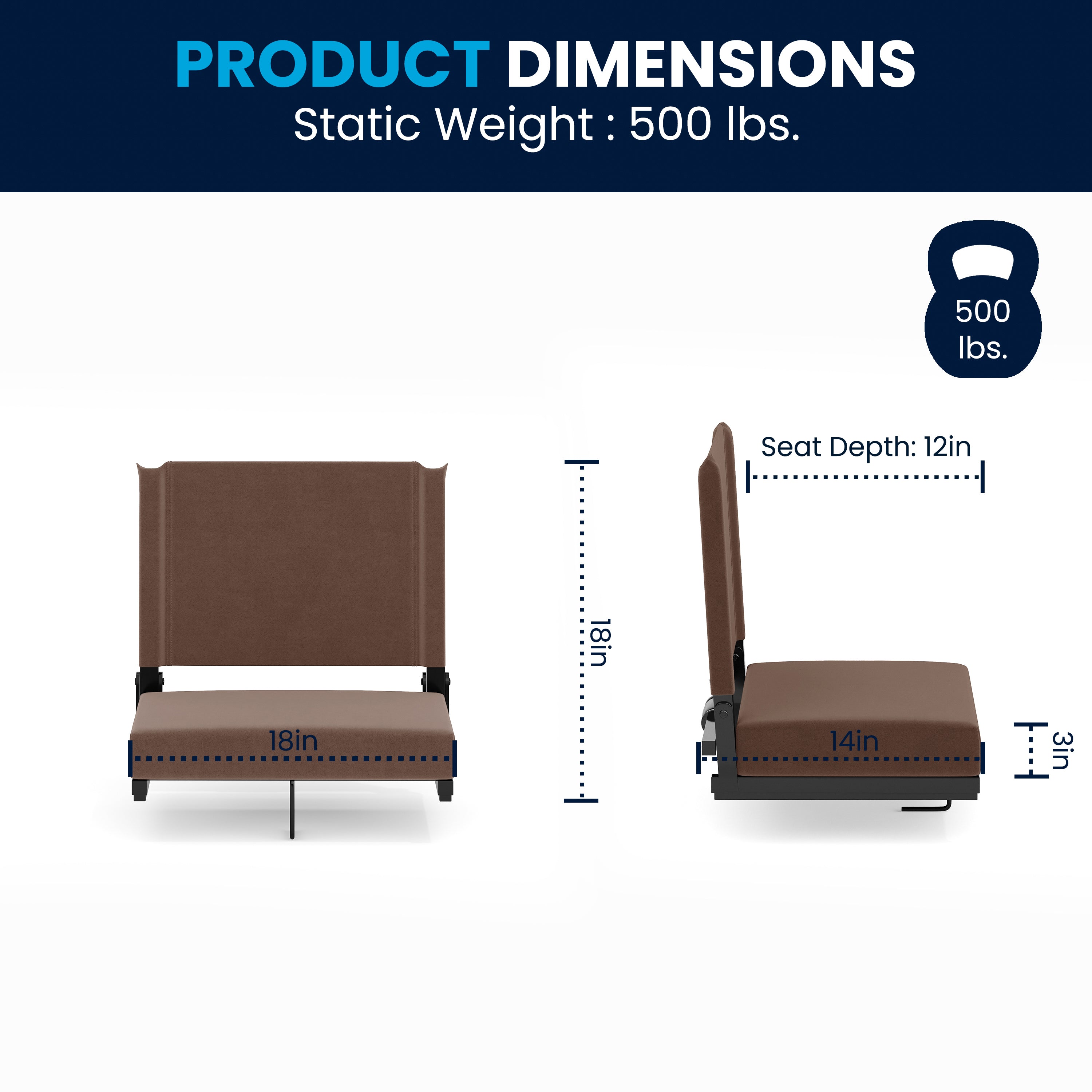 Grandstand Comfort 500 lb Capacity Padded Stadium Chairs, Folding Seats with Handles, Lightweight & Durable, Dark Brown