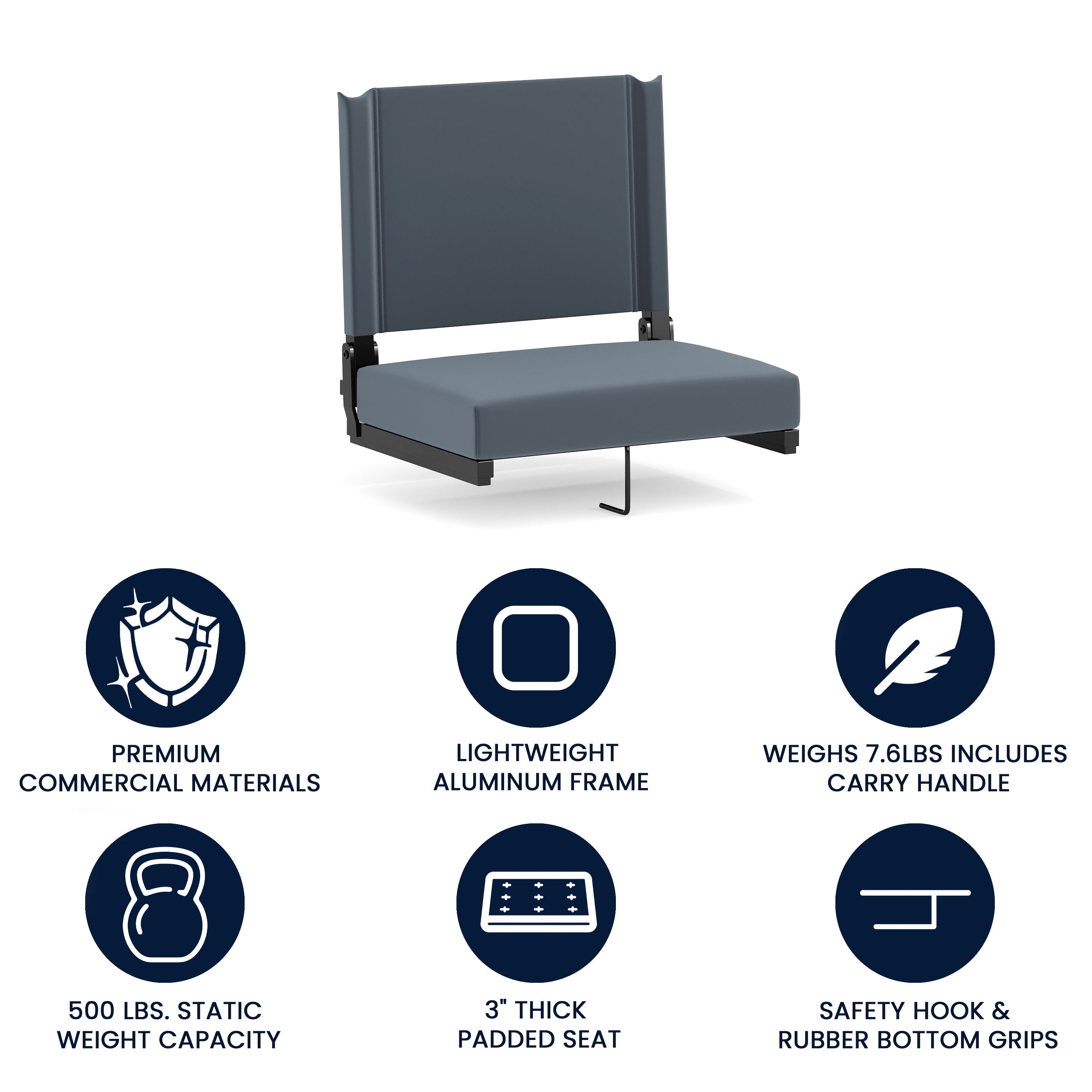 Grandstand Comfort 500 lb Capacity Padded Stadium Chair, Folding Seat with Handle, Lightweight & Durable, Dark Blue