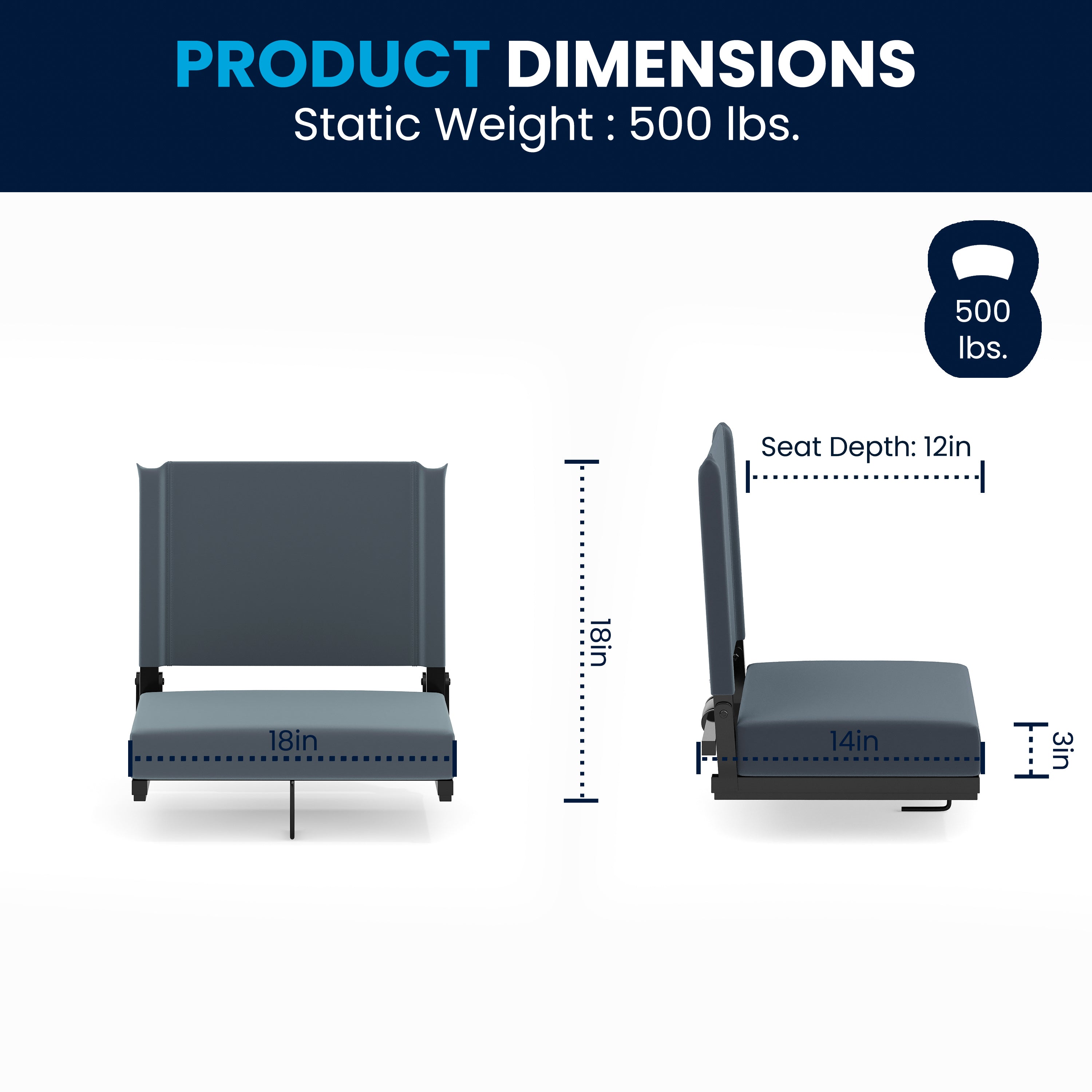 Grandstand Comfort 500 lb Capacity Padded Stadium Chair, Folding Seat with Handle, Lightweight & Durable, Dark Blue