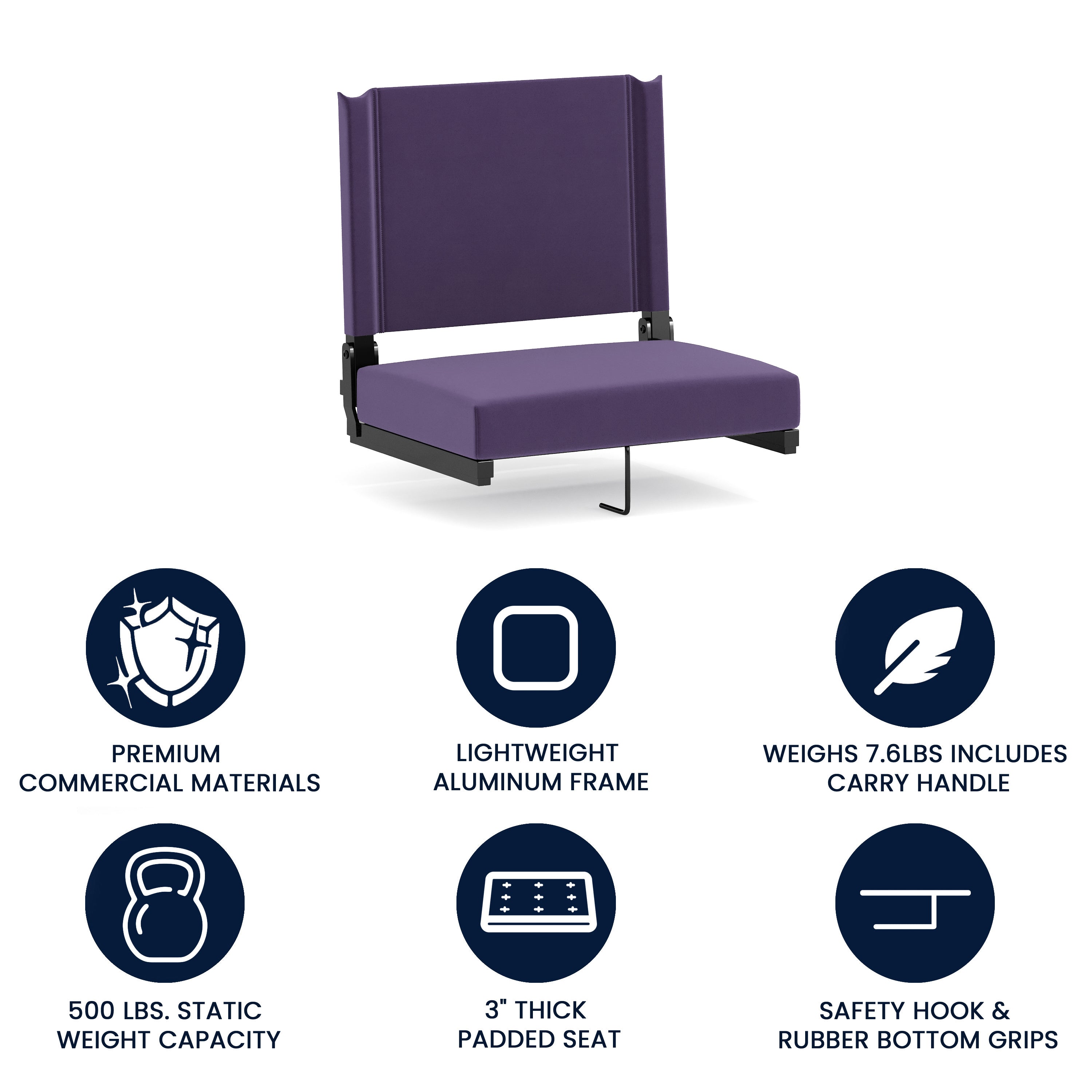 Grandstand Comfort 500 lb Capacity Padded Stadium Chairs, Folding Seats with Handles, Lightweight & Durable, Dark Purple