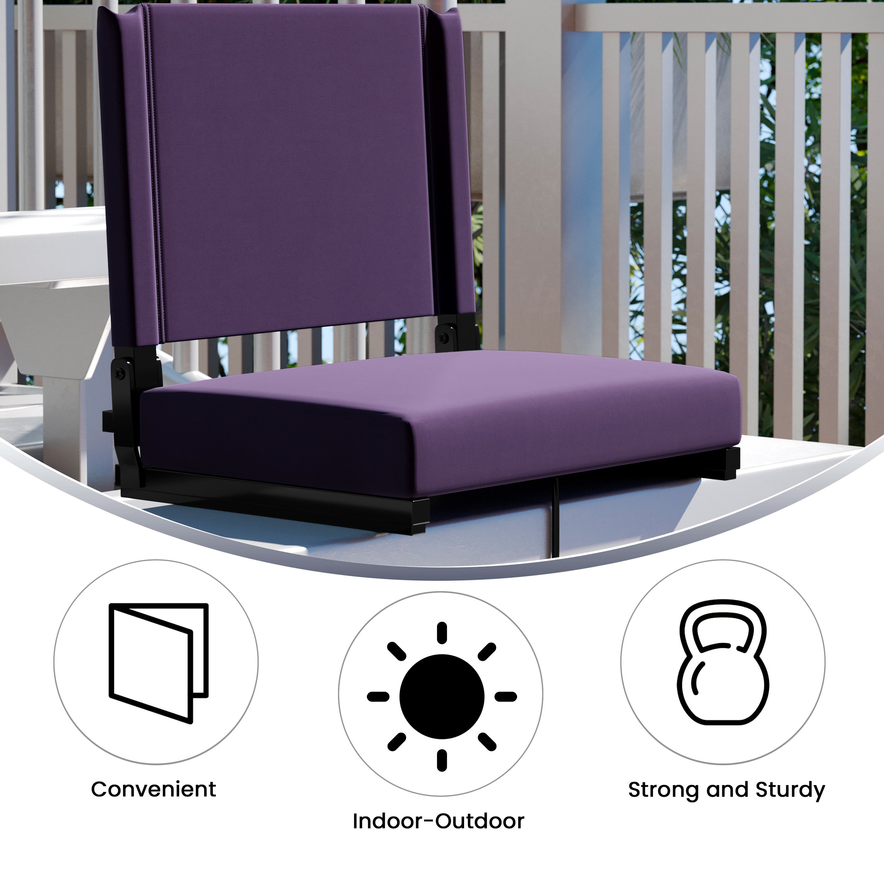 Grandstand Comfort 500 lb Capacity Padded Stadium Chairs, Folding Seats with Handles, Lightweight & Durable, Dark Purple