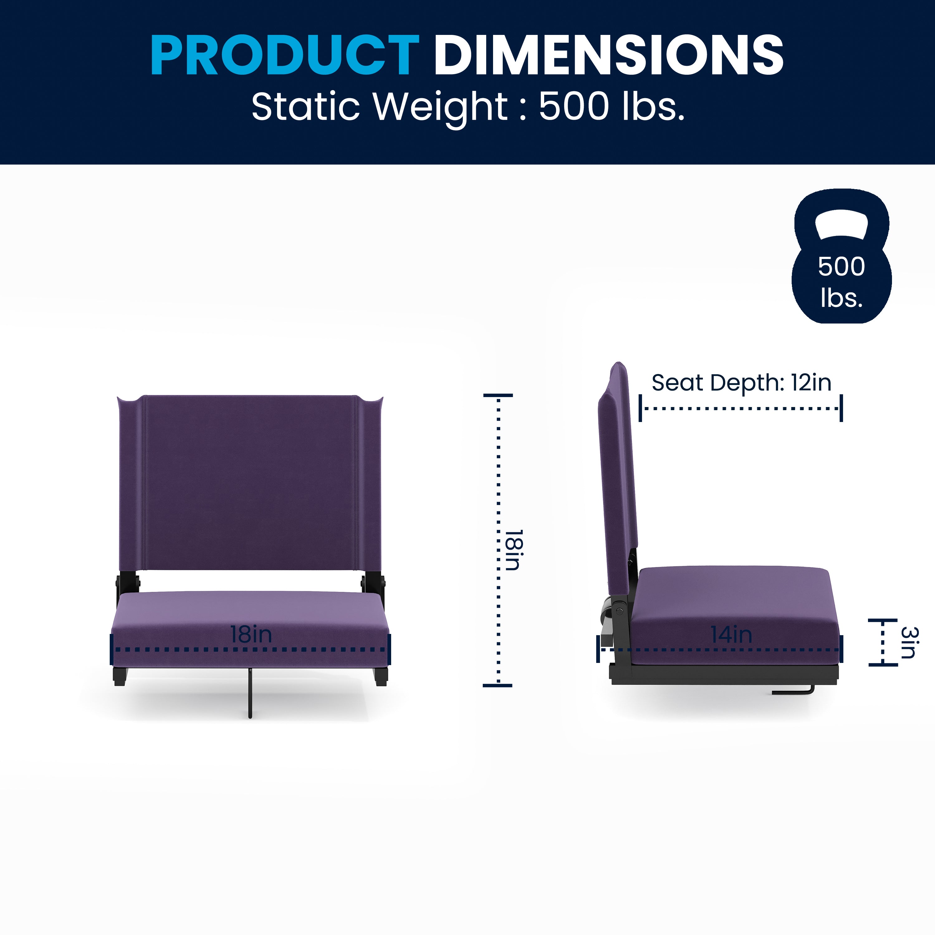 Grandstand Comfort 500 lb Capacity Padded Stadium Chairs, Folding Seats with Handles, Lightweight & Durable, Dark Purple